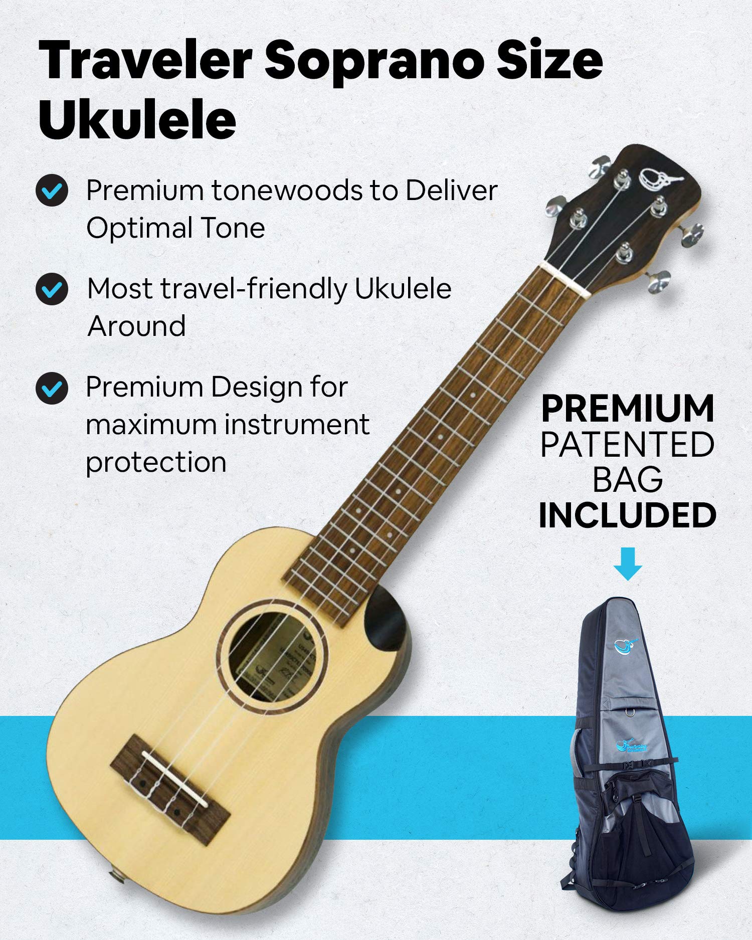 Solid Sitka Travel Ukulele - Premium US490CTE Soprano-Size Ukulele for Travelers | Best Portable Musical Instrument for Road Trips & Camping | Includes Durable Travel Case - Perfect for Beginners, Beach Vacations & Outdoor Adventures