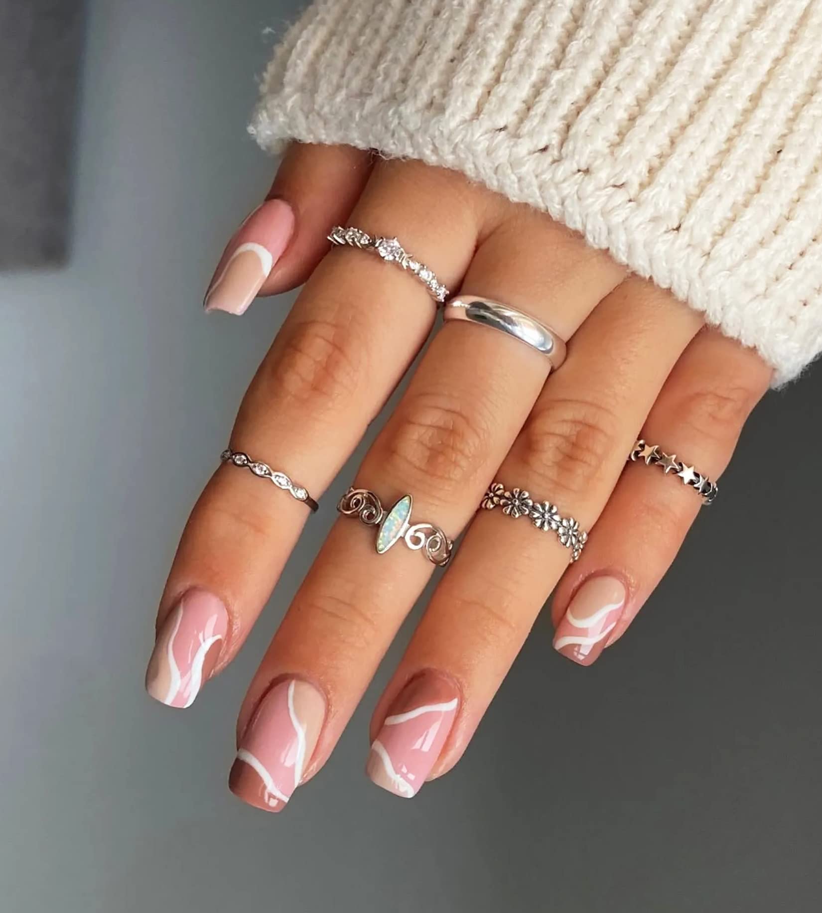 24 Pcs Short Press on Nails with Glue - Glossy Fake Nails for Women & Girls, Brown Nude French Design - Perfect for Parties, Weddings & Everyday Wear