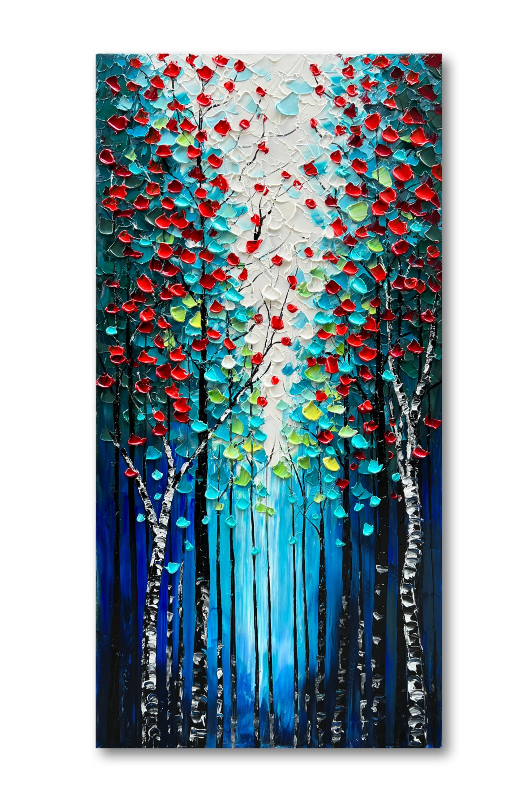 Hand Painted Forest Landscape Oil Painting - Dark Blue Vertical Canvas Wall Art 46x23 Inch - Home Decor for Living Room, Bedroom & Office