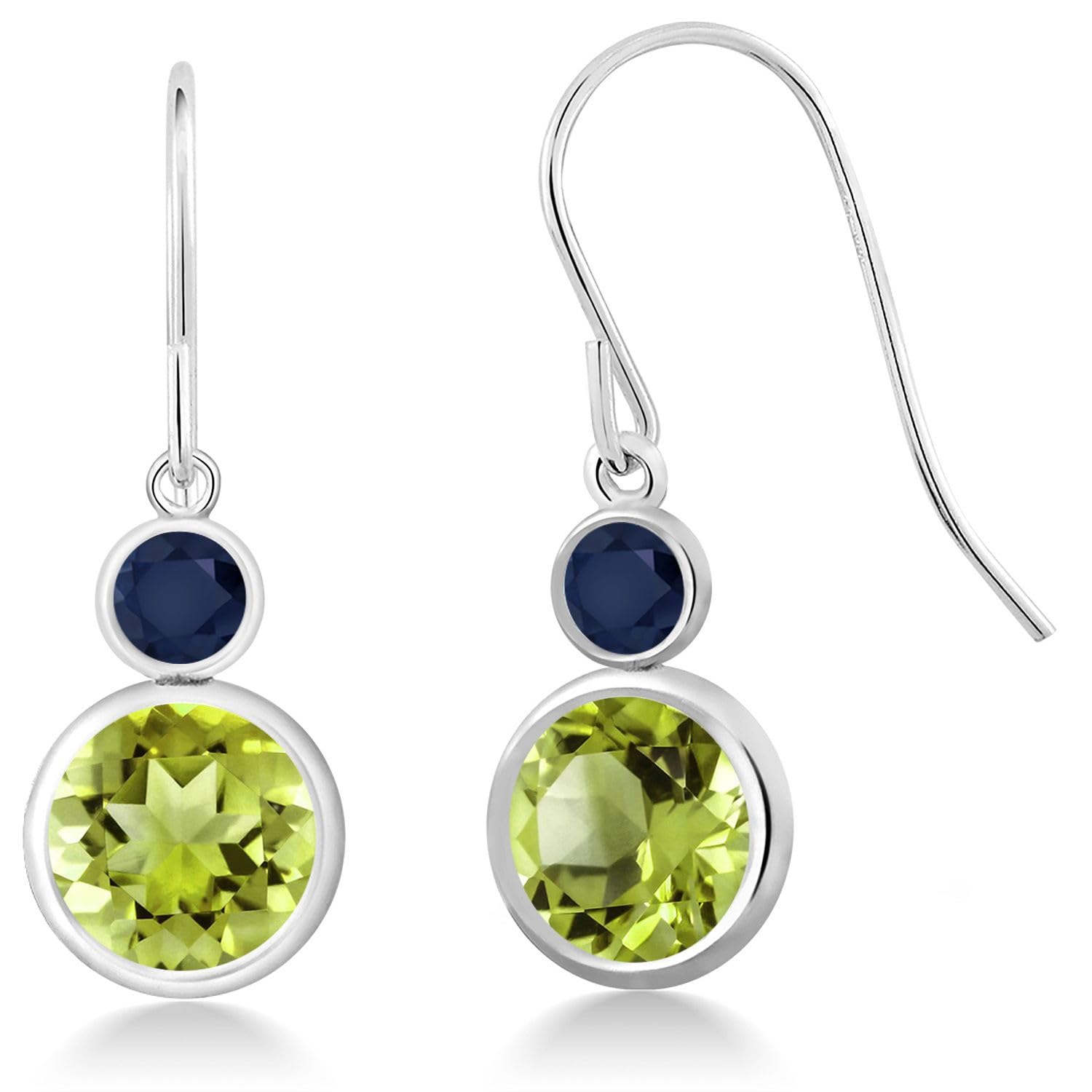 Gem Stone King 925 Sterling Silver Green Peridot & Blue Sapphire Hook French Fish Earrings for Women - 4.26 Cttw August Birthstone Jewelry (8MM & 3MM Round) | Perfect for Birthday Gifts, Anniversary, Parties & Everyday Wear