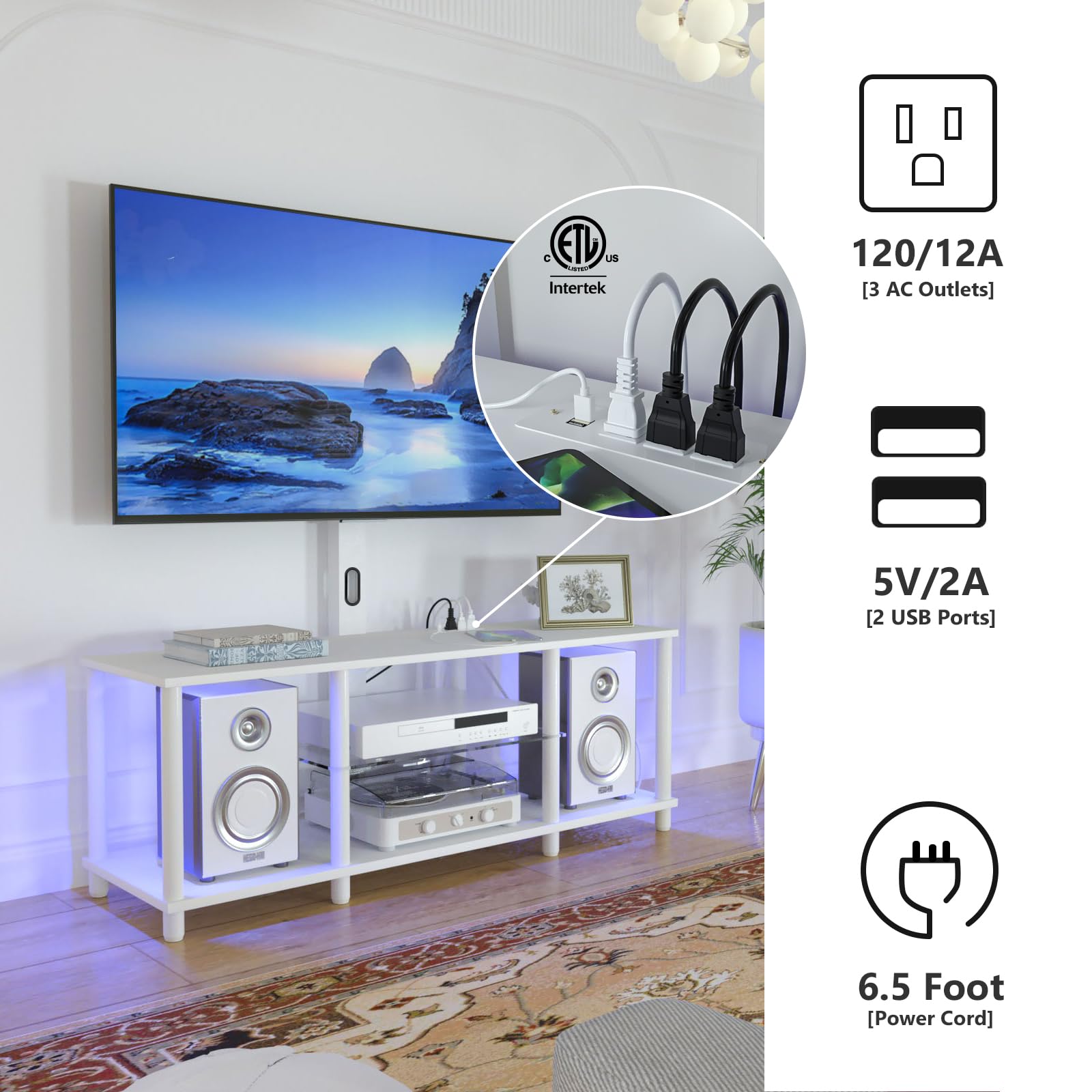 White TV Stand with Power Outlets & LED Lights - Universal Mount for 32 to 70 Inch TVs - Modern Entertainment Center with Open Storage Shelf - Perfect for Bedroom, Living Room or Office Home Decor