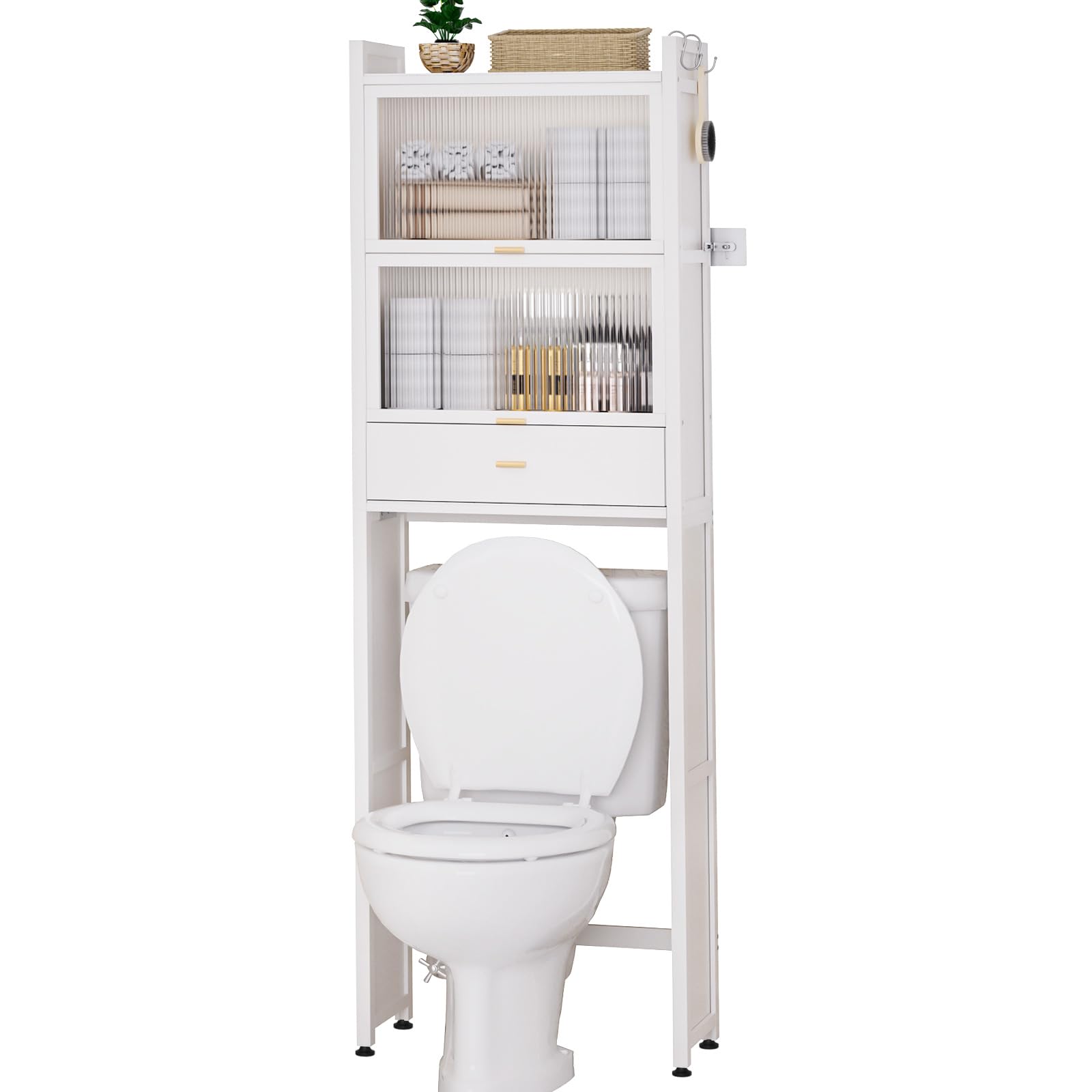 Over The Toilet Storage Cabinet with Drawer & Flip Door - Bamboo Bathroom Organizer Shelf | Anti-Tip Design, Waterproof Feet | Freestanding Space Saver for WC (White) - Perfect for Small Bathrooms & Apartment Storage Solutions