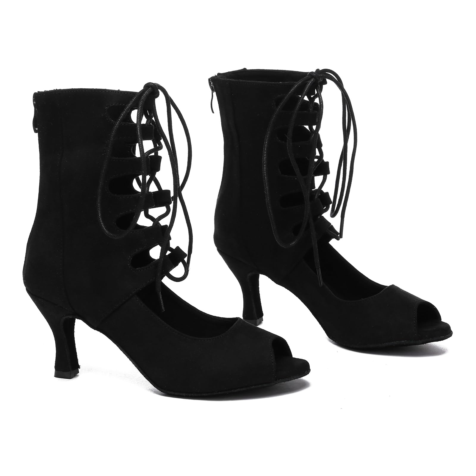 Hipposeus Women's Latin Ballroom Dance Boots - Peep Toe Lace Up High Heel Shoes with Suede Sole for Salsa, Tango & Performance | Professional Dancewear for Women