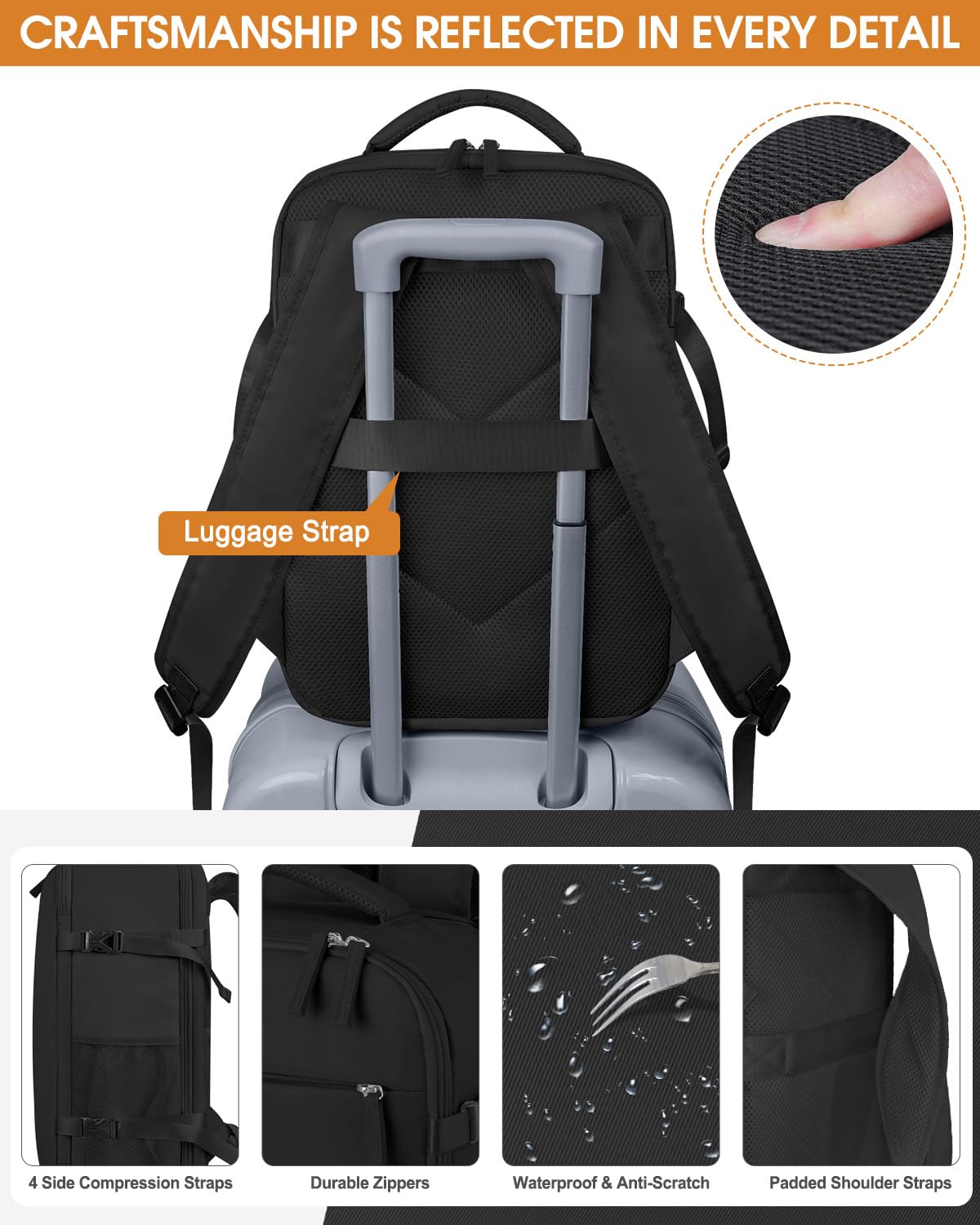 Waterproof Travel Backpack for Women & Men - Airline Approved Carry On Laptop Backpack Fits 17 Inch Computer - Business Work Bookbag with Black Zipper - Perfect for Commuting, Business Trips & Weekend Getaways