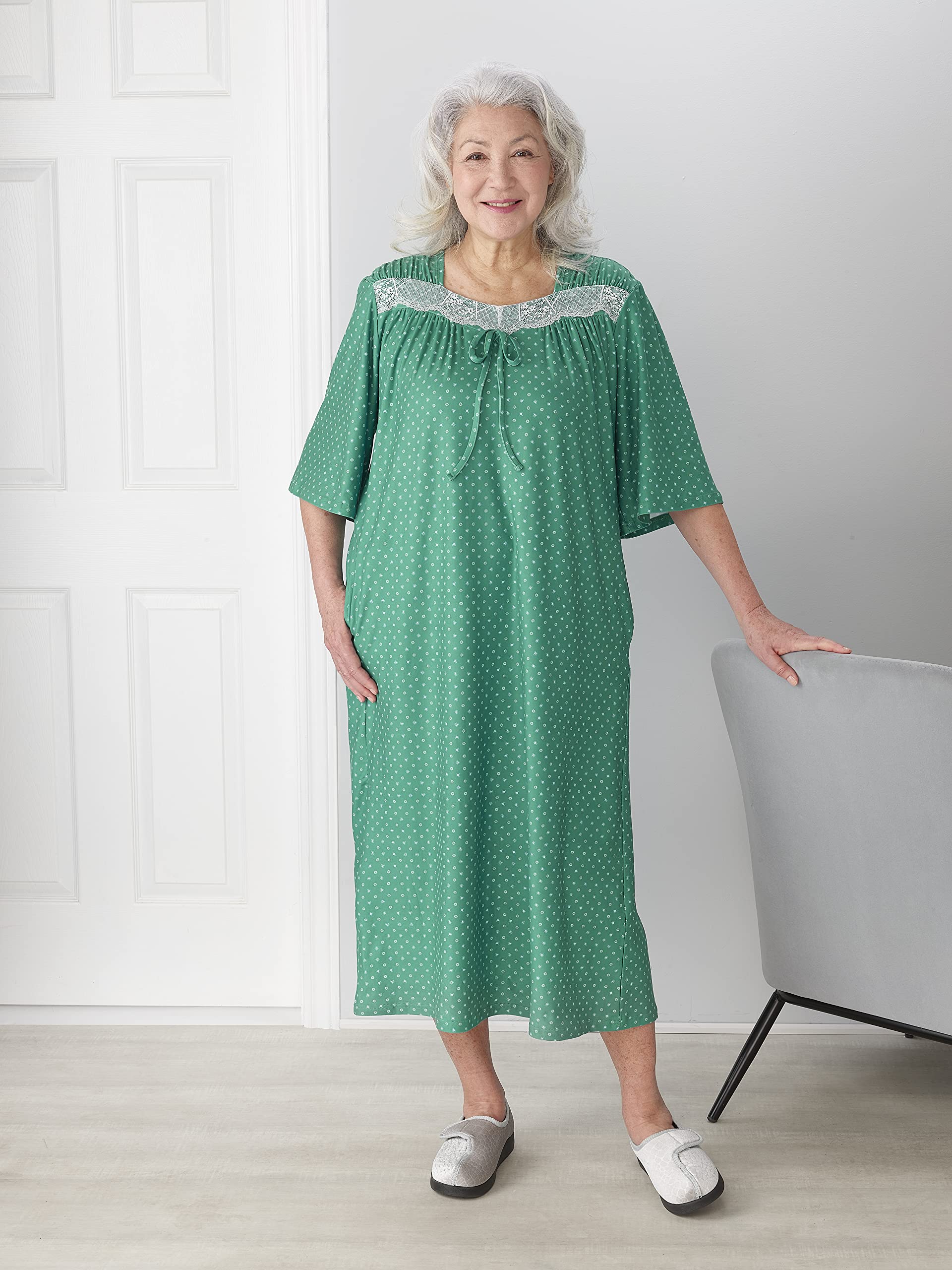Silk Open-Back Hospital Gowns for Women - Comfortable & Easy Wear Patient Gowns for Seniors & Recovery - Soft Milk Silk with Lace Trim 2/3 Sleeve - Perfect for Post-Surgery, Maternity & Home Care