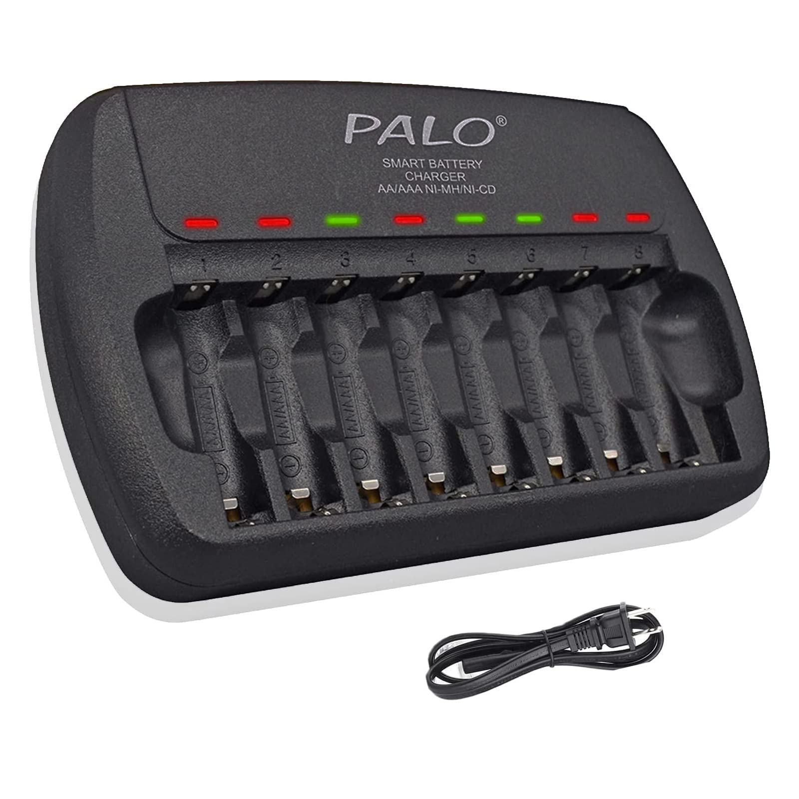 8 Bay AA AAA Rechargeable Battery Charger with Smart LED Display - Independent Slot Charging for 1.2V Ni-MH Ni-CD Batteries - Perfect for Cameras, Toys, Flashlights & Home Electronics