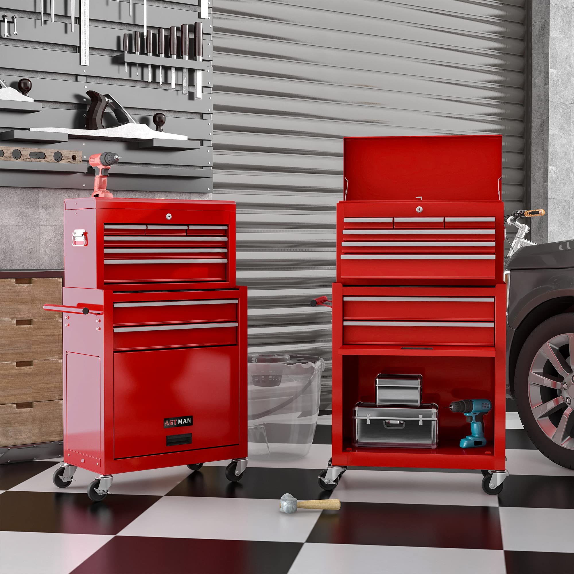 Pvillez 8-Drawer Rolling Tool Chest - Heavy Duty Metal Tool Storage Cabinet with Sliding Drawers for Garage, Workshop & Warehouse - Portable Tool Organizer with Removable Toolbox (Red) - Perfect for DIY Projects, Auto Repair & Home Organization