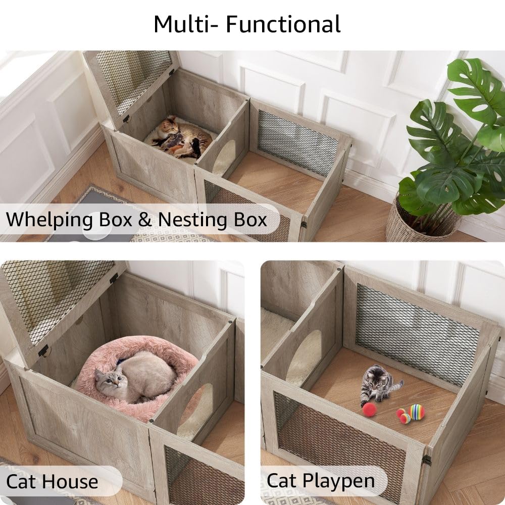 Unipaws 3-in-1 Multi-Purpose Cat Birthing Box - Nesting House, Playpen & Whelping Box with Secure Door - Ideal for Pregnant Cats, Kittening & Weaning - Perfect for Home, Vet Clinics & Breeders