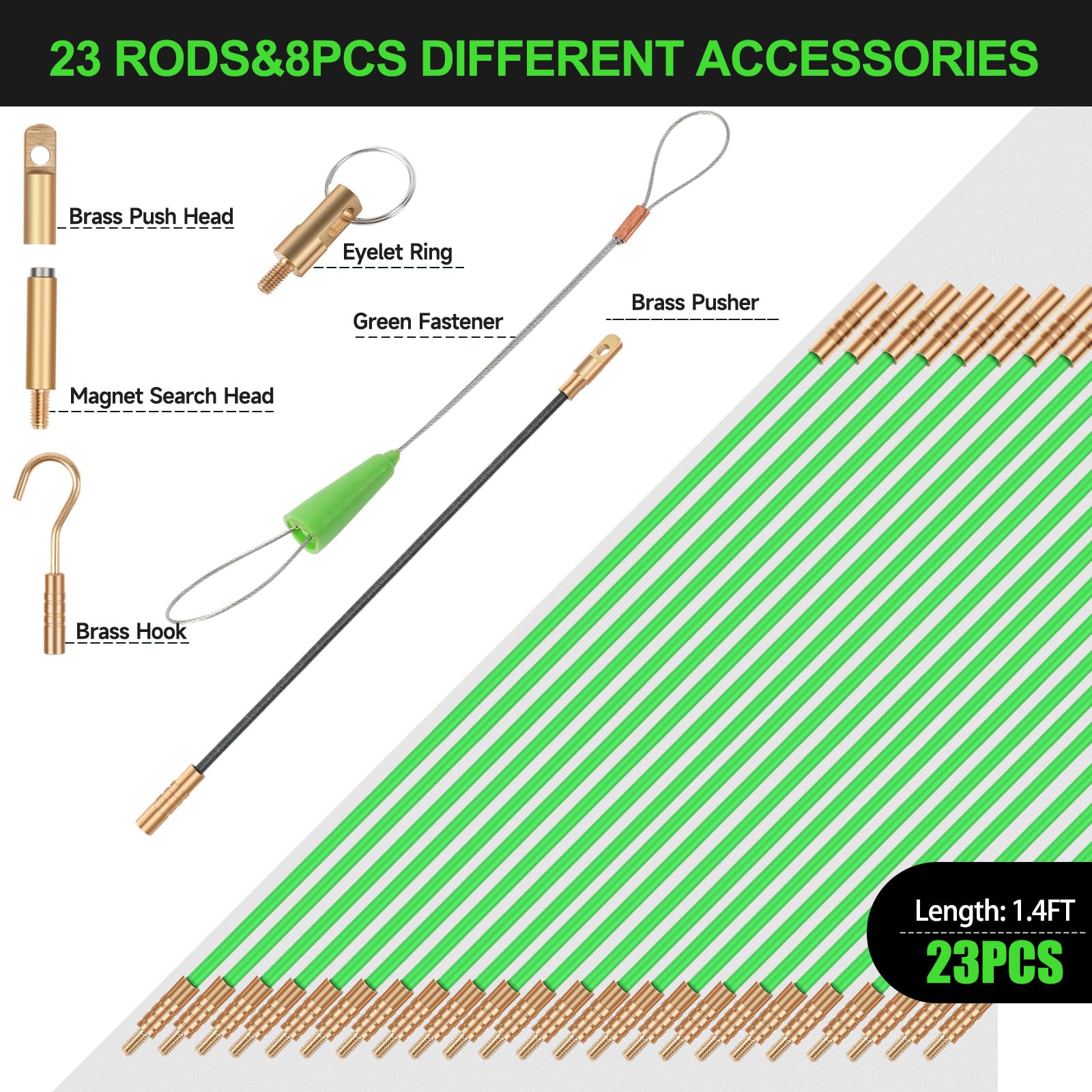 32.2FT Fiberglass Wire Pulling Kit with 6 Attachments - for Electrical Wiring & Fish Tape Installation