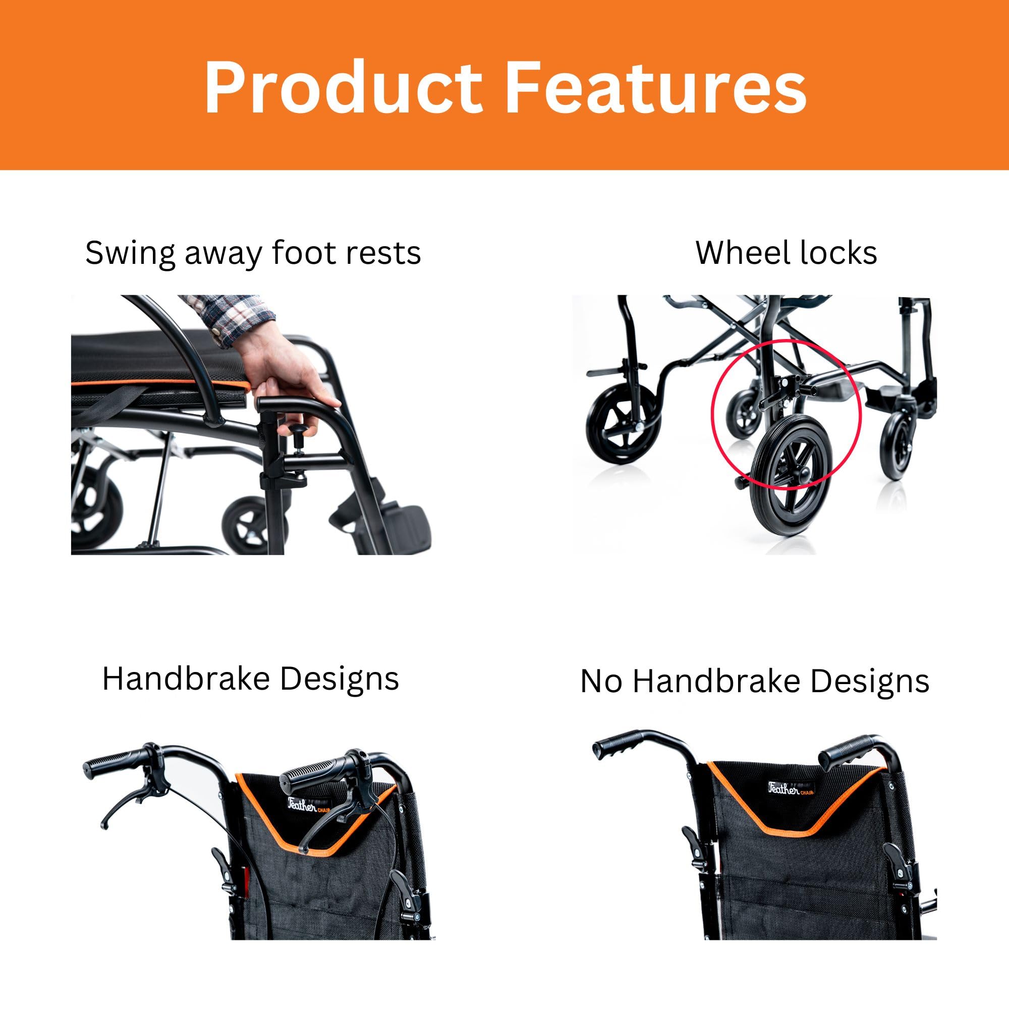 Feather Mobility - 13lb Ultra Lightweight Folding Transport Wheelchair - Black - 300 lb Weight Capacity - No Handbrakes - Ideal for Travel, Shopping & Doctor Visits