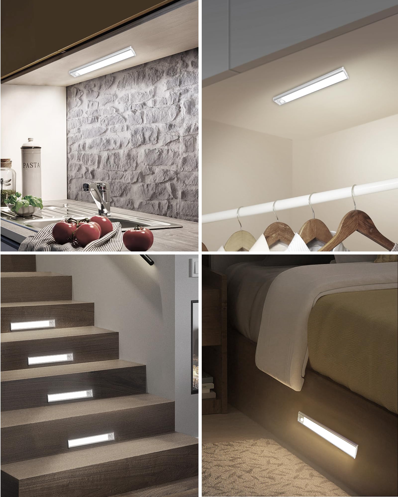 Under Cabinet Lights with Motion Sensor - 80 LED Wireless Rechargeable Lighting for Kitchen, Cupboard, Closet (3 Color Temperatures, 9.4inch, 1500mAh) - Perfect for Nighttime Safety & Hands-Free Illumination