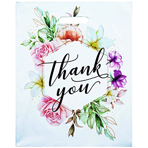 Premium 12x15 Inch Thank You Bags (100 Pack) - Durable Floral Plastic Shopping Bags with Strong Handles for Small Business | Gift Packaging, Retail Merchandise, Party Favors & Customer Appreciation
