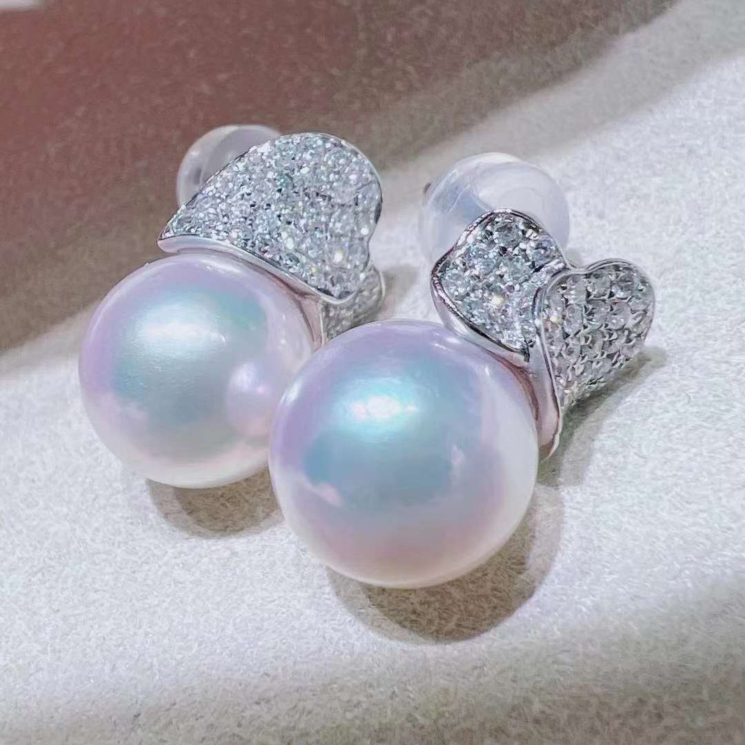 18K White Gold Akoya Pearl and Diamond Stud Earrings - Elegant Jewelry for Women, Perfect for Weddings, Parties & Special Occasions