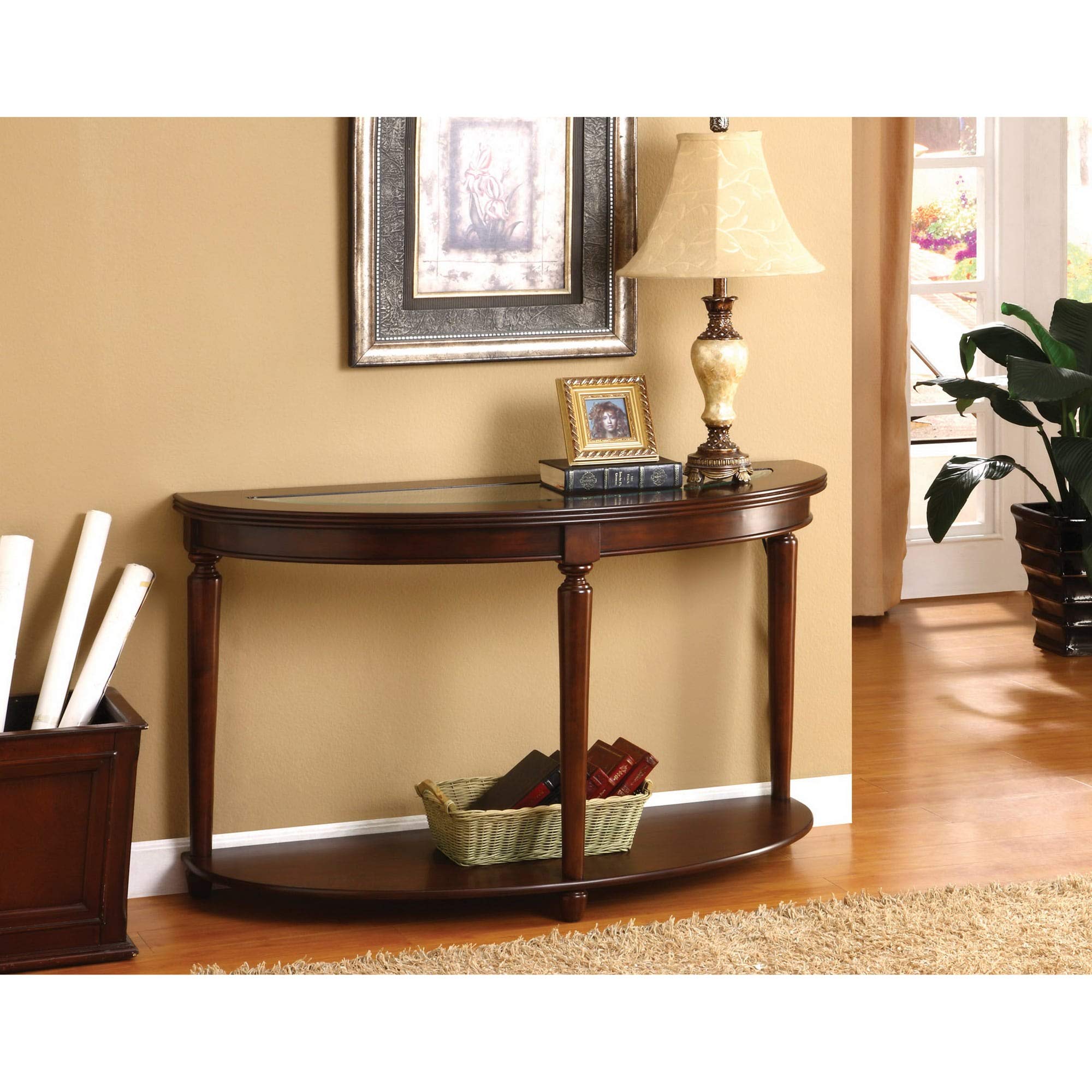 Brown Cherry Finish Wood & Glass Crescent Console Table - Traditional Transitional Semi-Circle Entryway Table with Drawers & Shelf - Perfect for Hallway, Foyer & Living Room Decor