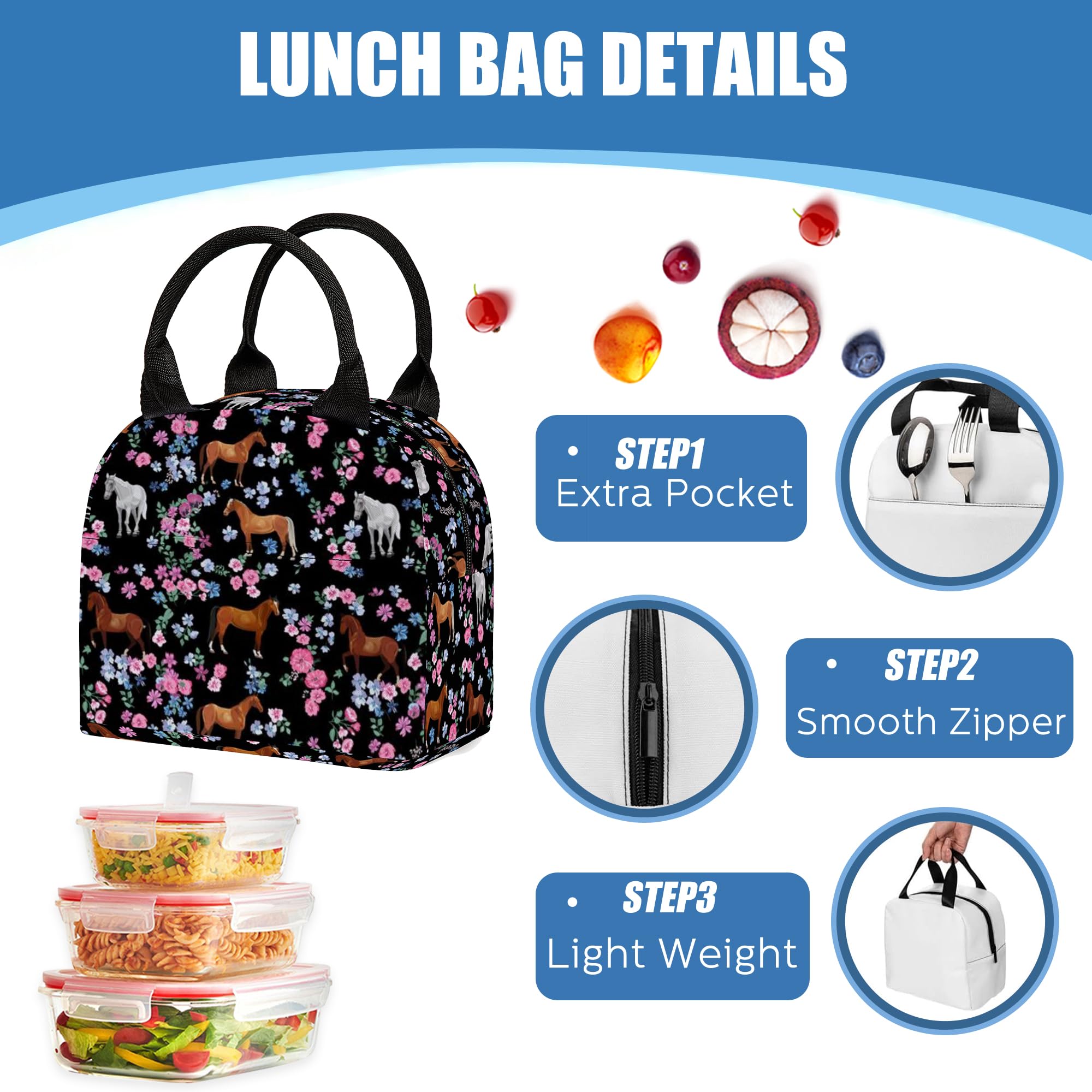 3PCS Kids Backpack Set for Boys & Girls - School Backpack with Lunch Bag & Pencil Case for Elementary & Middle School Students | Durable Bookbag for Teen Students, Perfect for School, Travel & Daily Use (Flower Horse Design)