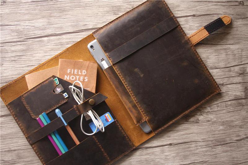 Premium Brown Genuine Leather iPad Pro Case with Apple Pencil Holder - Custom Name Engraving - Perfect for Work, Travel & Home Office Use
