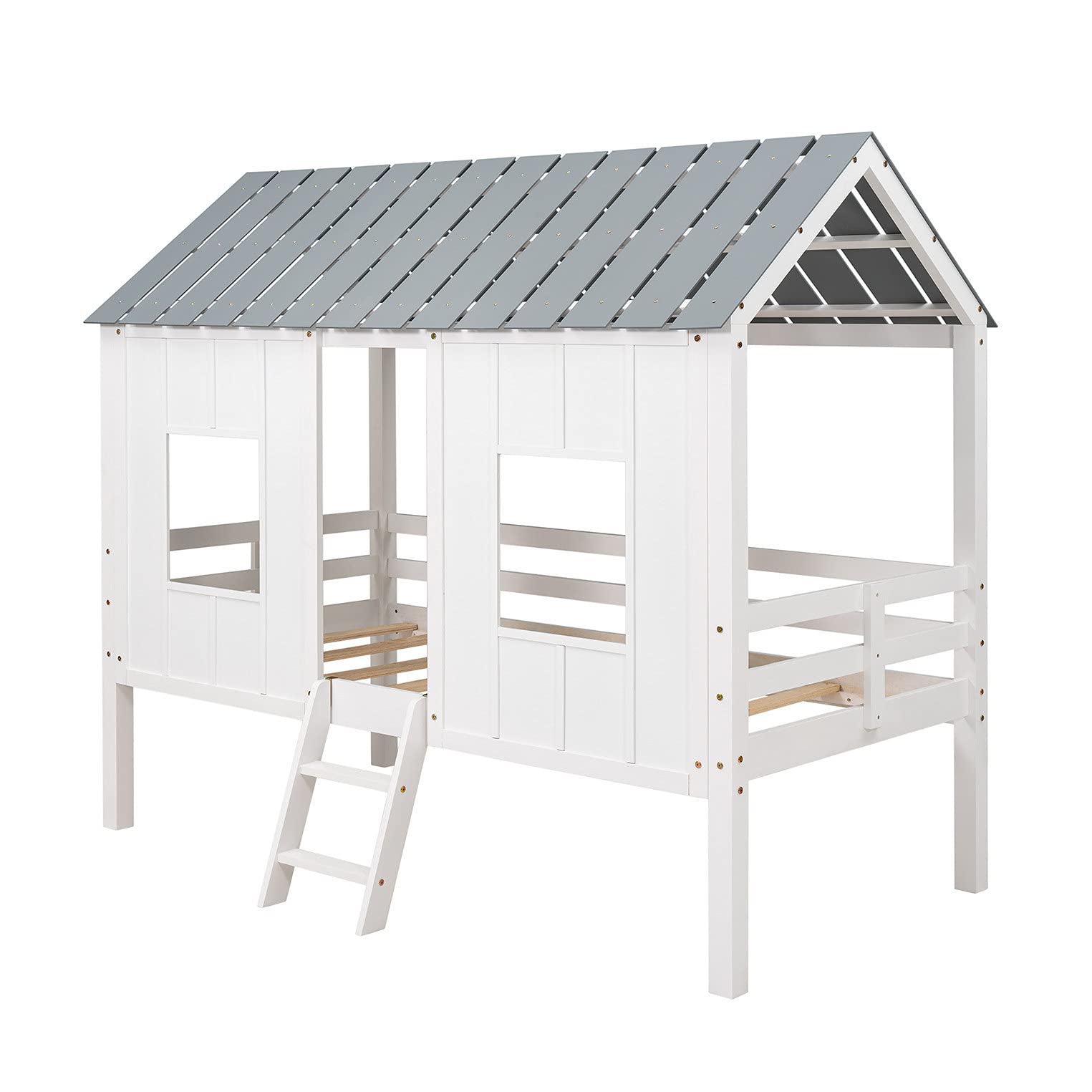 Wooden Bunk Bed with Roof, Window & Guardrail - Kids Loft Bed with Ladder for Toddlers & Teens | Easy Assembly Wood House Bed for Bedrooms, Playrooms & Dorm Rooms
