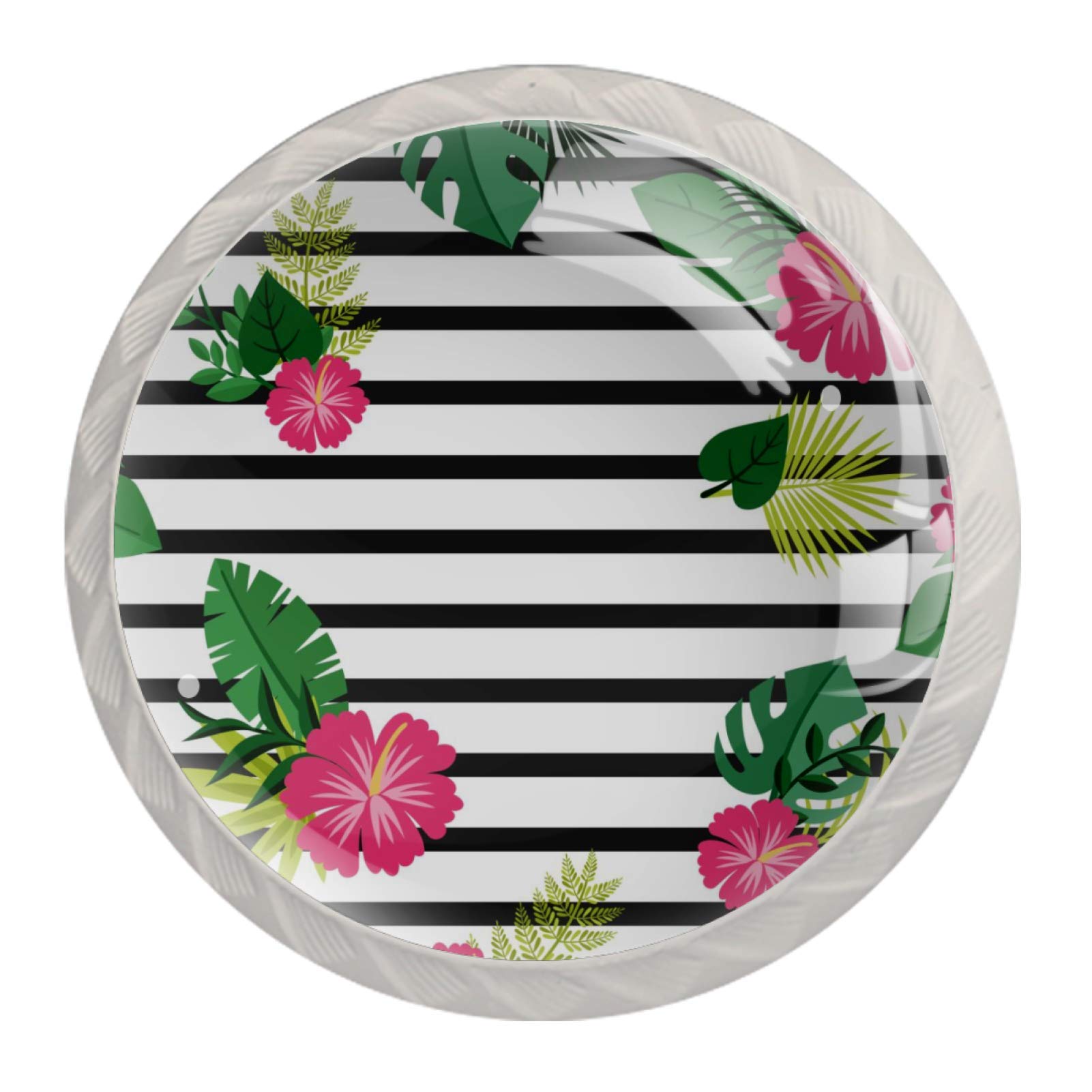 Decorative Round Cabinet Knobs - 4PCS Tropical Floral Leaves Black Striped Pull Handles for Kitchen Cabinets, Closet Drawers & Dressers | Perfect for Home Renovation and Furniture Upgrades