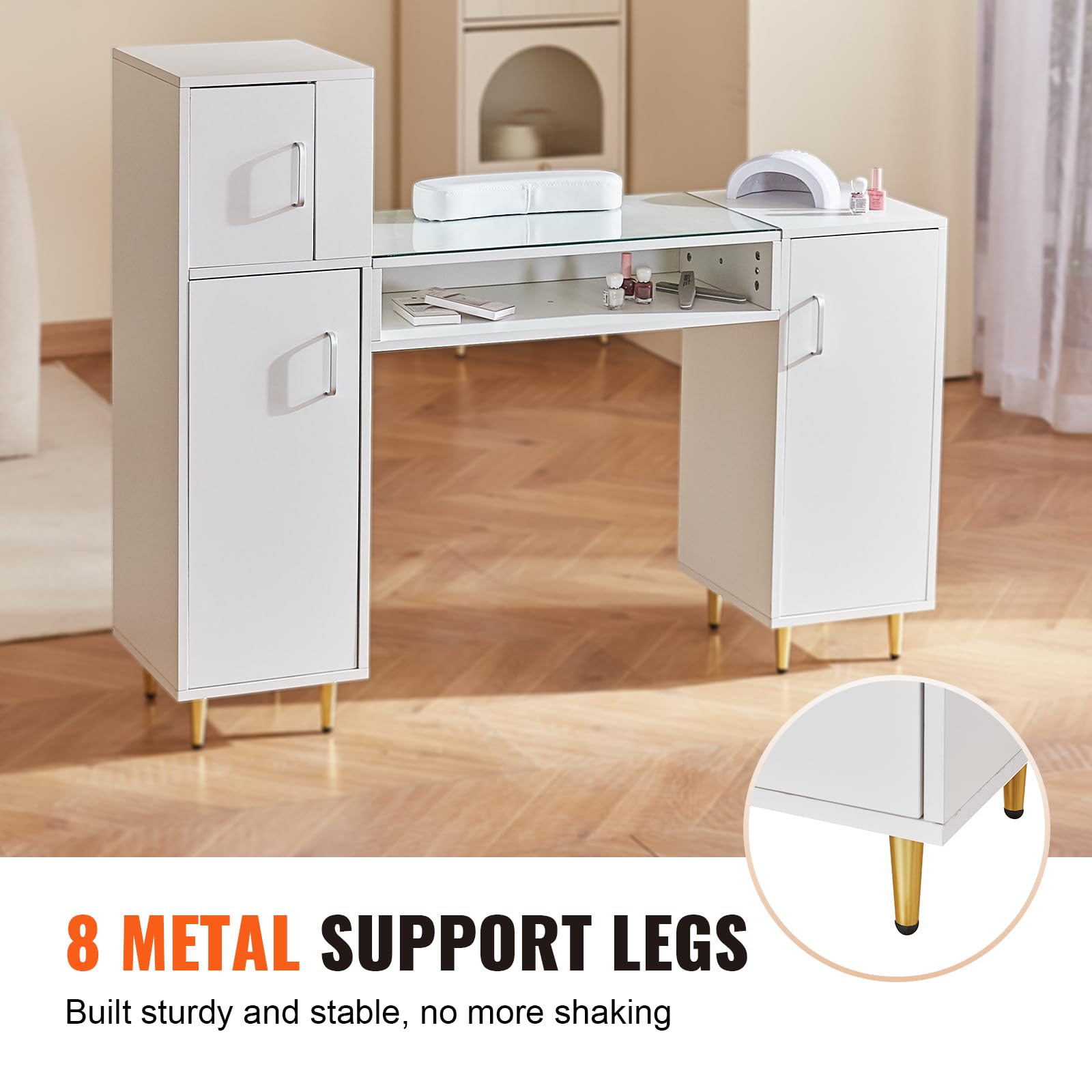 VEVOR Professional Manicure Table with Glass Top & Storage Cabinets - Acetone-Resistant Nail Tech Desk for Salon & Spa - Includes Wrist Rest & 8 Metal Legs (White) - Perfect for Nail Artists, Beauty Technicians & Home Salon Setup