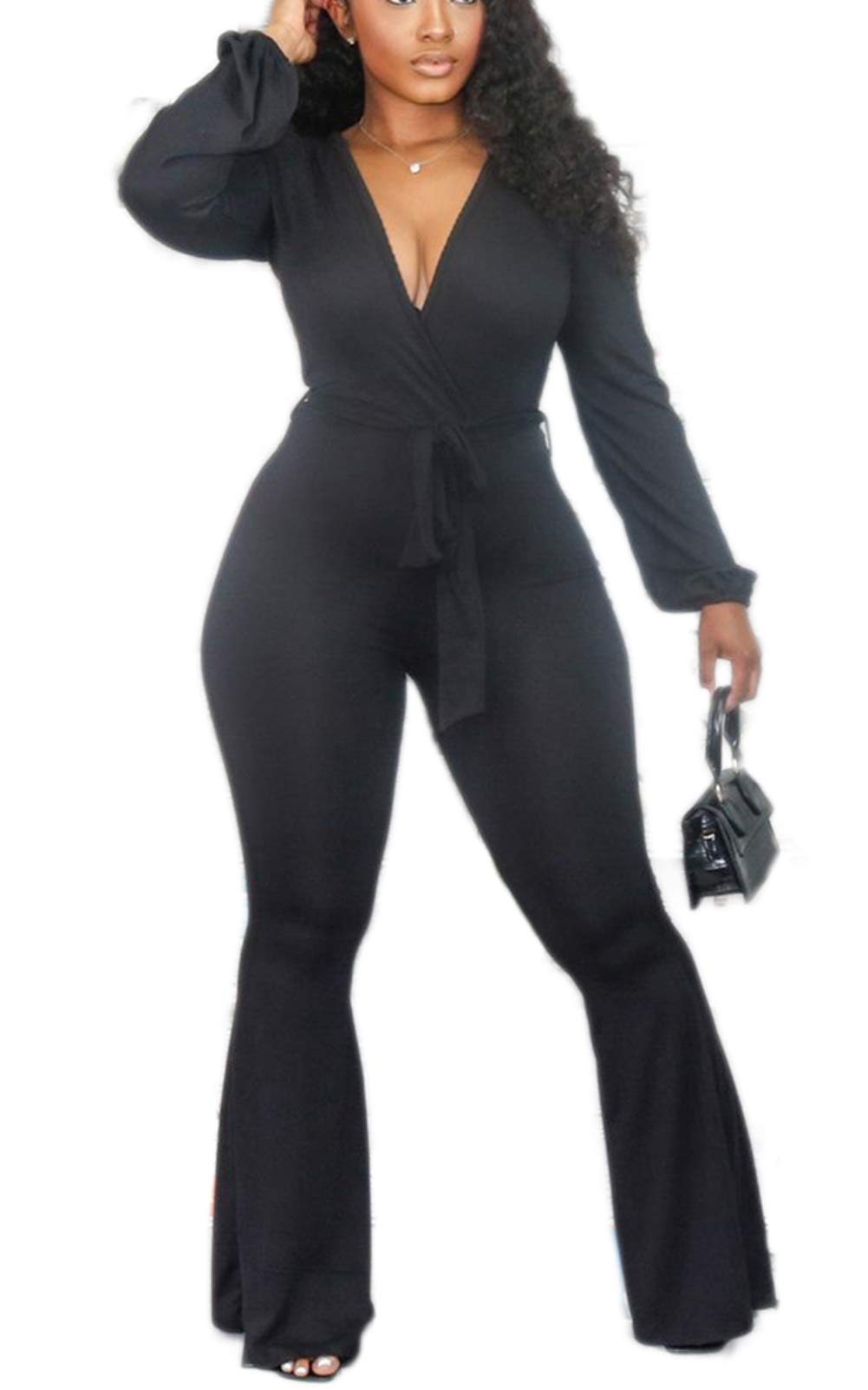 Elegant Women's Jumpsuits - High Waist Bell Bottom Pantsuit with Belt | Plus Size One-Piece Outfit for Work, Party & Casual Wear