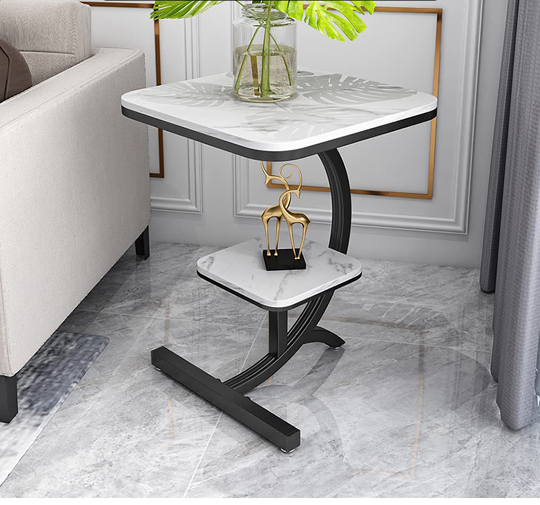 Luxury 2-Tier Marble Side Table - Square Corner End Table for Living Room, Bedroom, Hotel | Modern Sofa Table & Nightstand | White & Black Marble Finish | Perfect for Coffee, Books & Decor