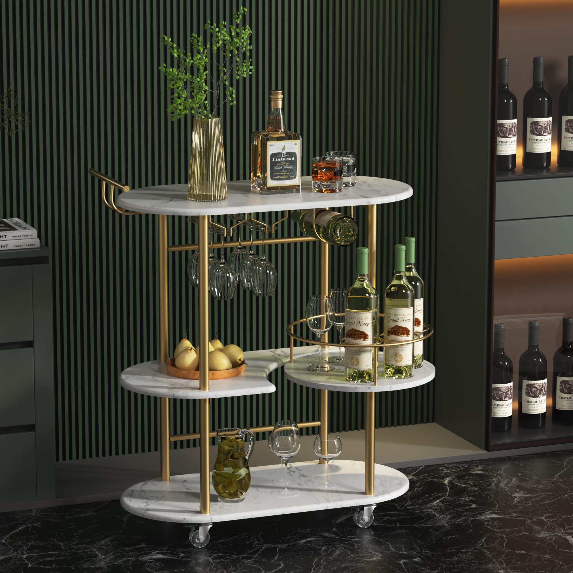 4-Tier Gold Bar Cart with Wine Rack & Glass Holder - Mobile Serving Cart for Kitchen, Living Room, Dining Room - Perfect for Home Entertaining & Party Hosting
