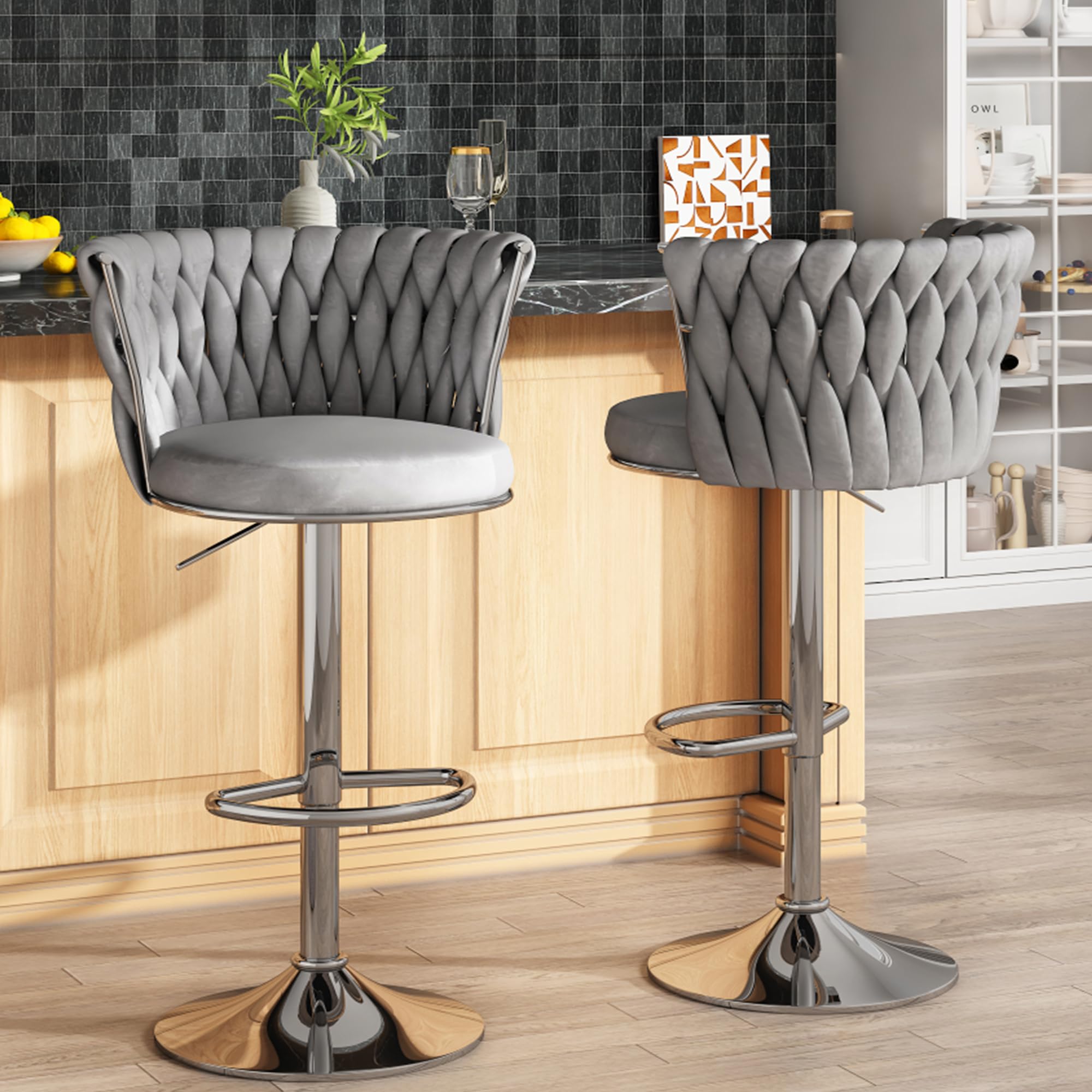 AWQM Velvet Bar Stool Set of 2 - Adjustable Height Swivel Kitchen Island Chairs with Back Support & Footrest, Soft Upholstered Counter Stools for Dining Room, Bar or Home Decor (Grey) - Perfect for Breakfast Nooks, Kitchen Islands and Entertaining Guests