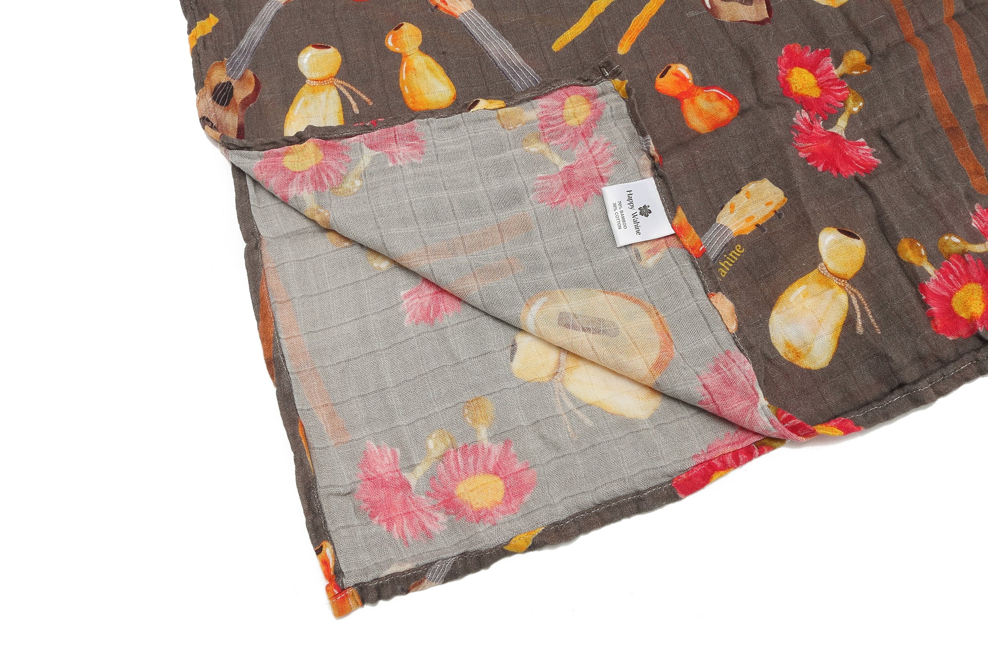 Soft Baby Muslin Swaddle Blanket with Hawaiian Music Instrument Print - Lightweight & Breathable for Newborns - Perfect for Swaddling, Nursing, and Stroller Use