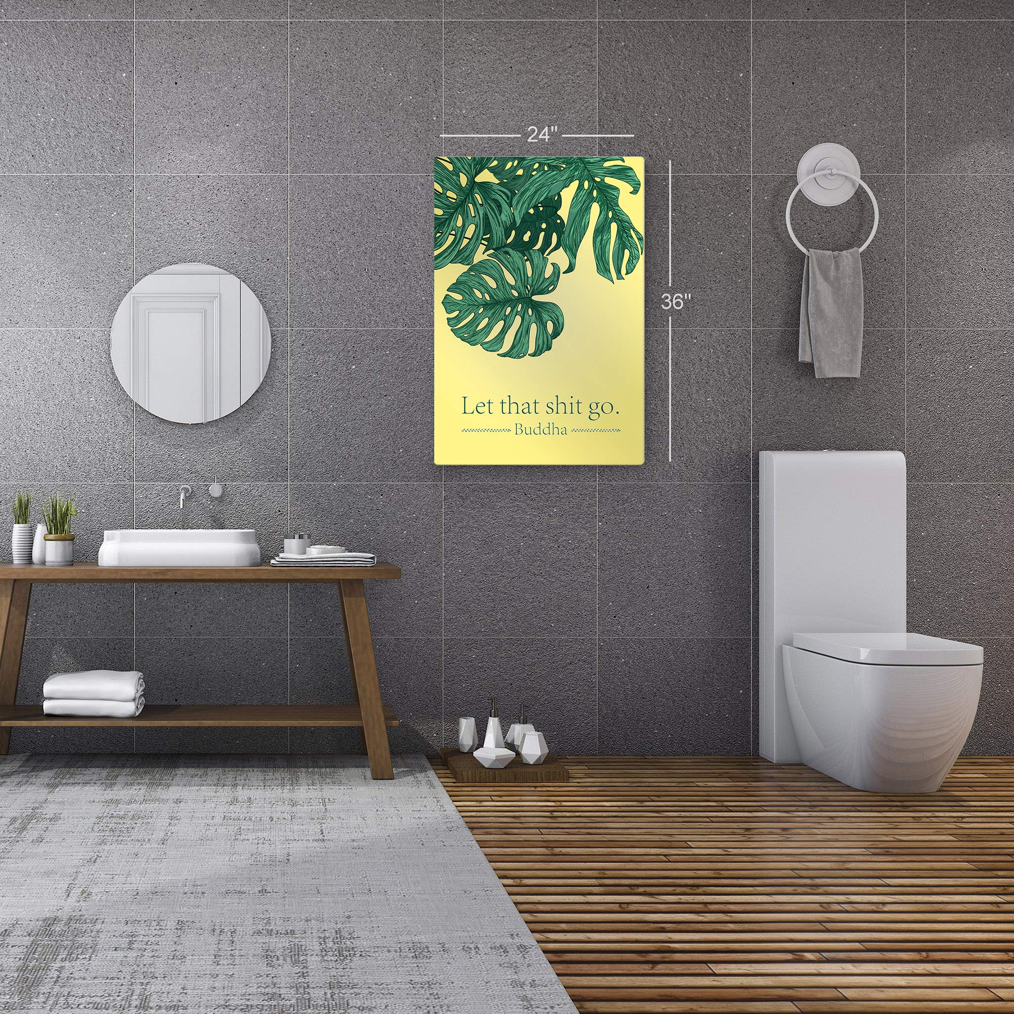Funny Buddha Quote Metal Print - 'Let That Shit Go' Bathroom Wall Art Decor | 36x24 Inch Ready-to-Hang Home Decoration | Made in USA | Perfect for Bathroom, Spa, Meditation Room & Zen Home Decor