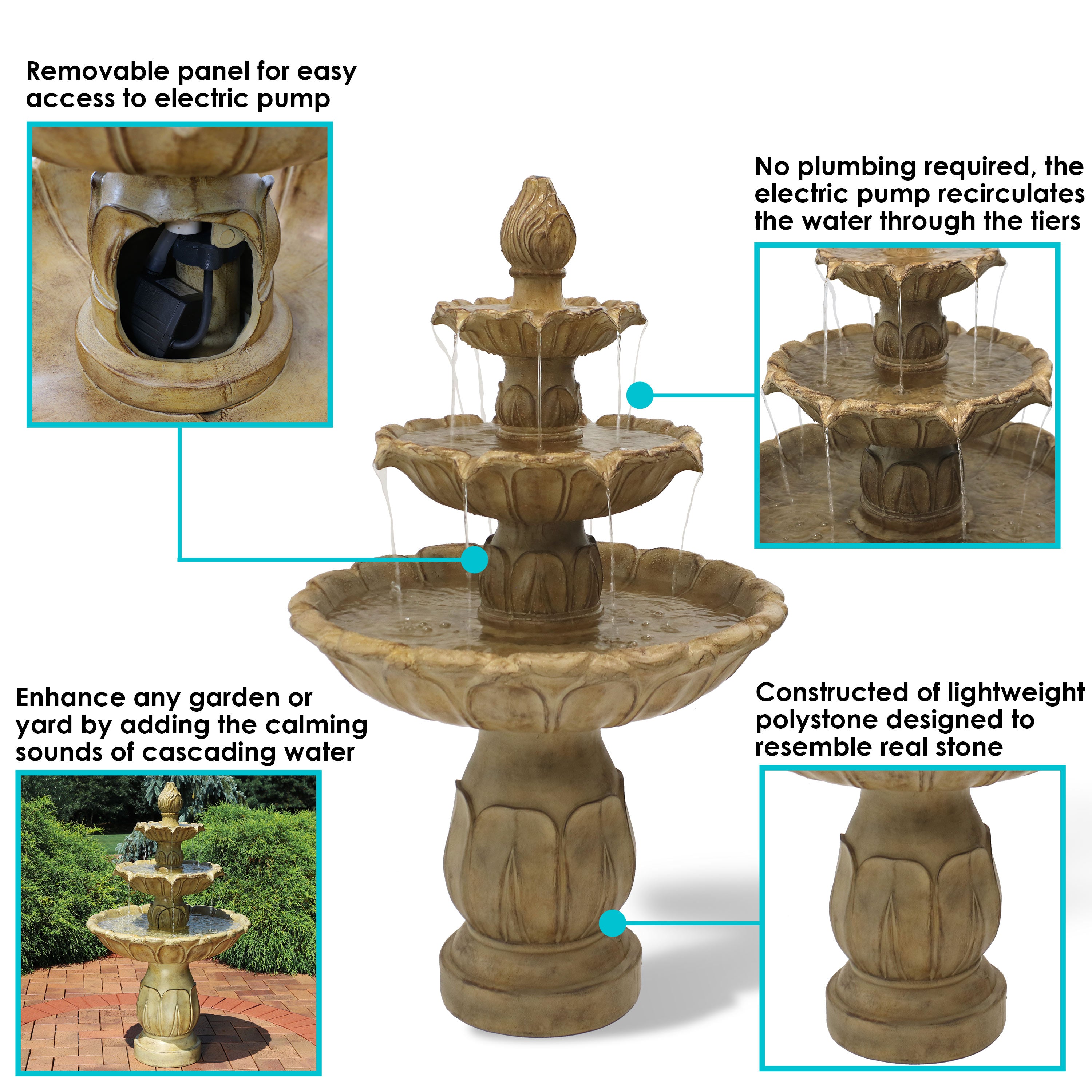 Sunnydaze Classic Tulip 3-Tier Outdoor Water Fountain for Garden, Patio, and Backyard Decor - Relaxing Water Feature with Soothing Sounds
