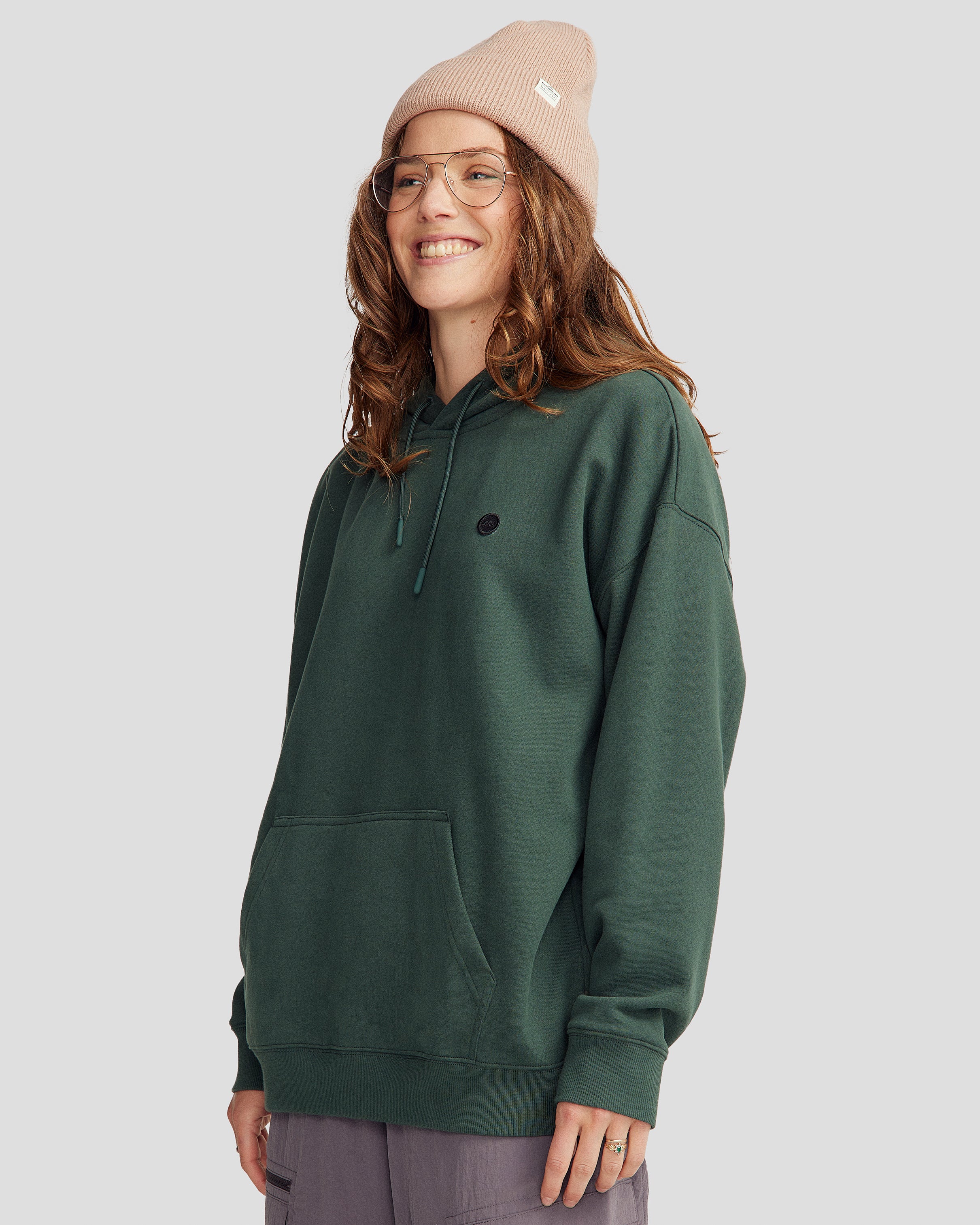 Women's Cozy Brushed Fleece Hoodie with Peak Badge - Deep Forest Green for Casual Wear & Outdoor Activities