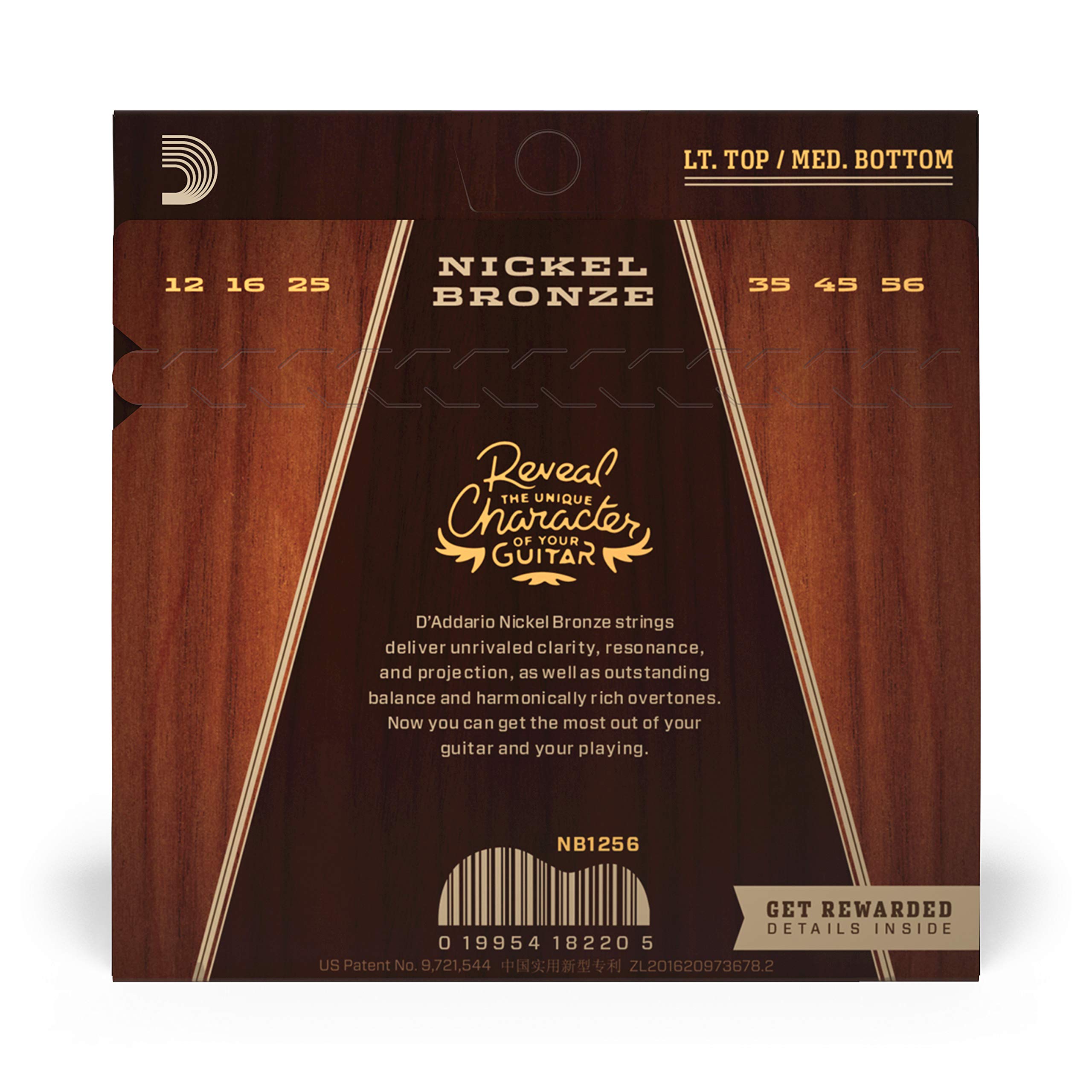 D'Addario NB1256 Acoustic Guitar Strings - Nickel Bronze, Light Top/Medium Bottom 12-56 Gauge, 6-String Set (Pack of 1) | Perfect for Folk, Blues & Fingerstyle Playing