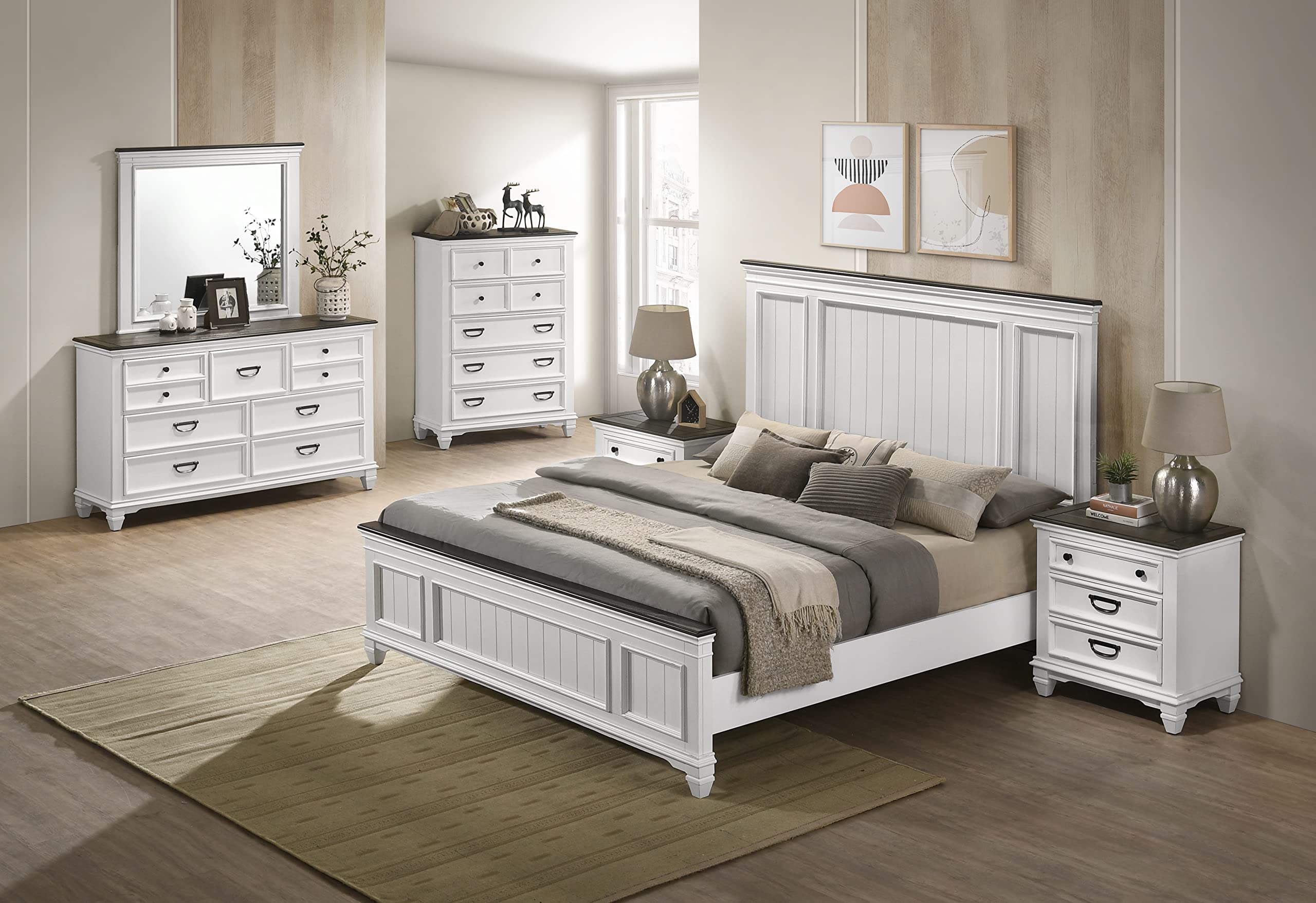 Roundhill Furniture Clelane Wood Bedroom Set - Queen Size Shiplap Panel Bed, Dresser, Mirror, 2 Nightstands & Chest in Weathered White & Walnut | Farmhouse Style Bedroom Decor for Master & Guest Rooms