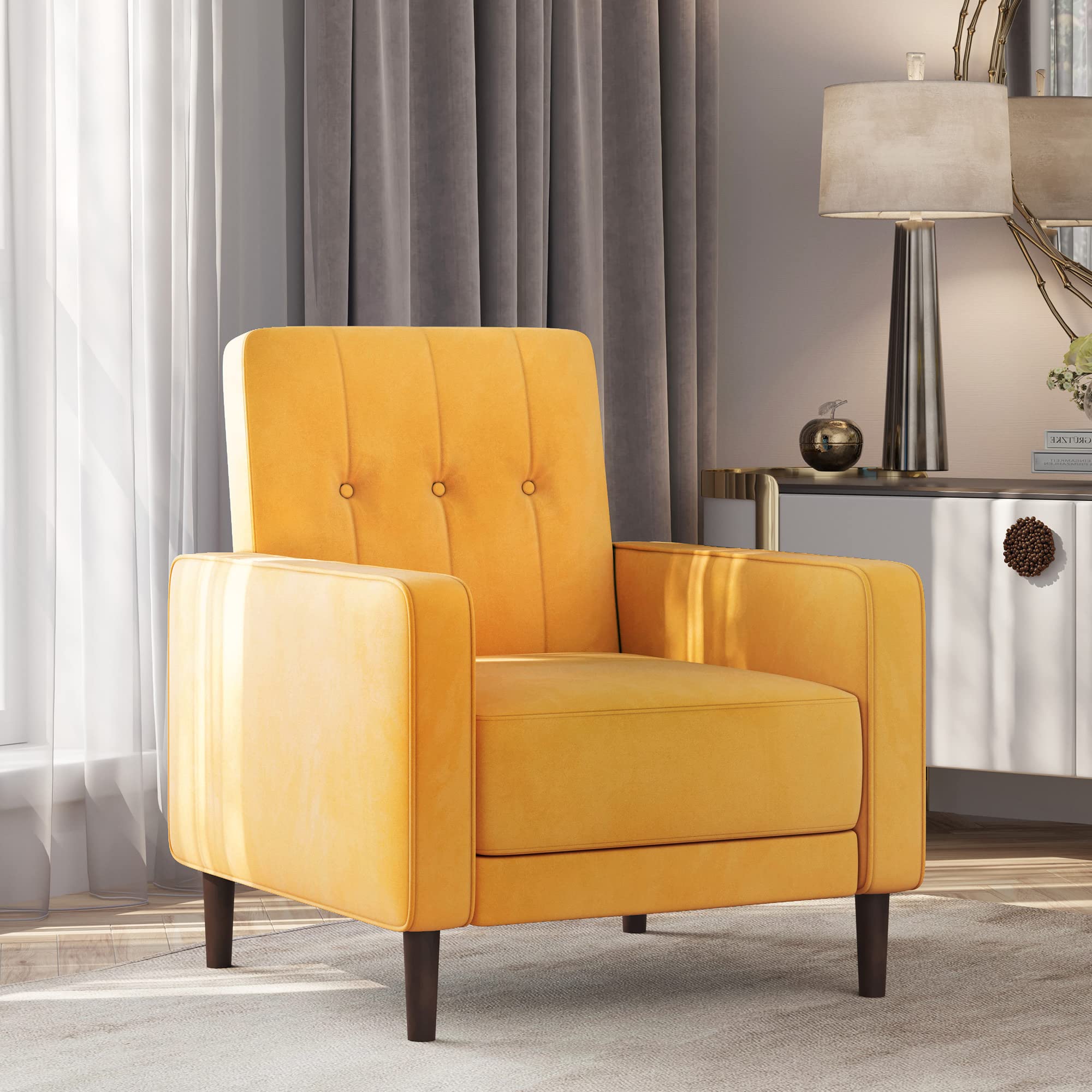 BELLEZE Mid Century Modern Velvet Accent Chair - Tufted Back Armchair with Upholstered Seat, Comfortable Lounge Reading Chair for Living Room, Bedroom & Office - Valencia Yellow (Perfect for Small Spaces & Home Decor)
