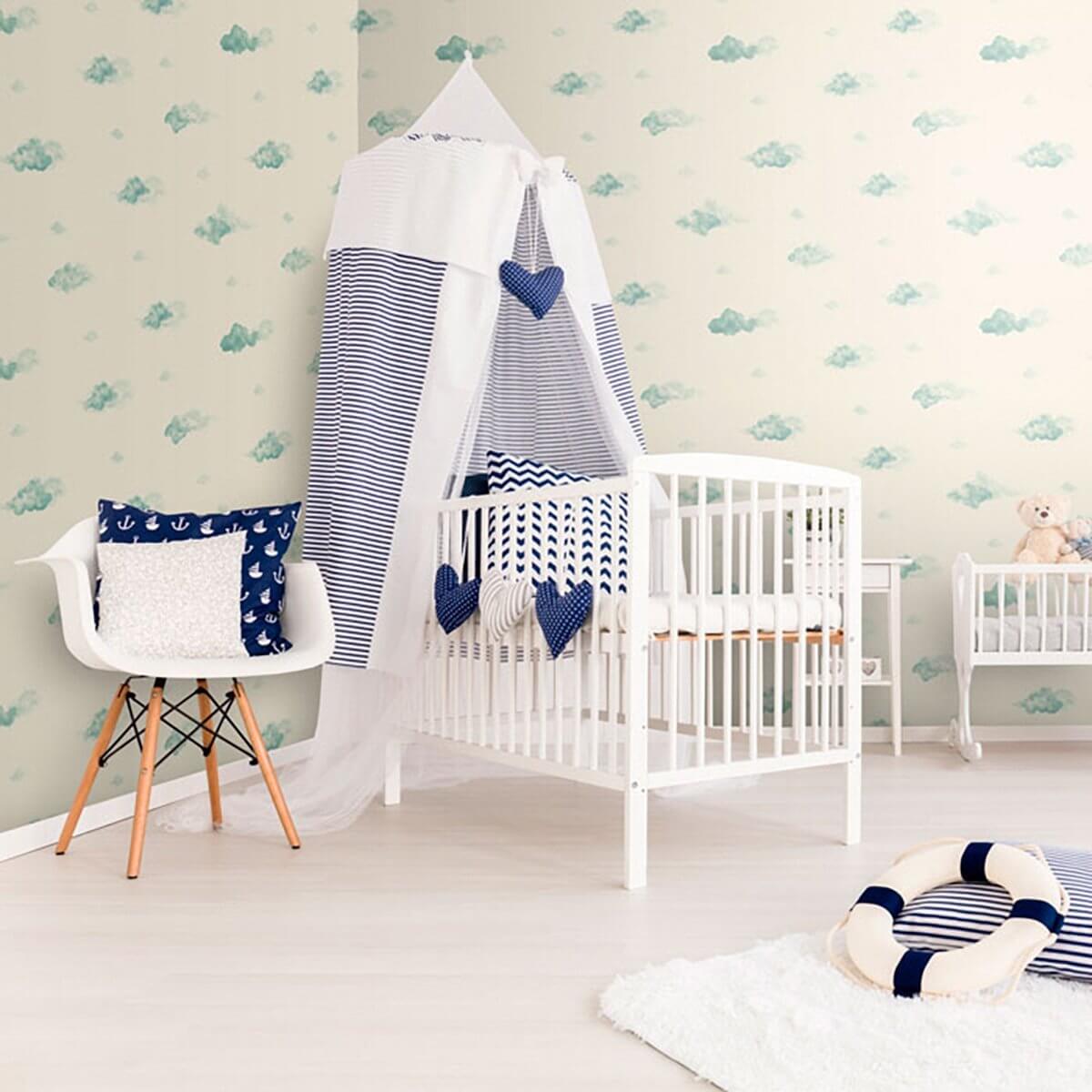Aqua Blue Clouds Baby Peel and Stick Removable Wallpaper - Self-Adhesive Nursery Wall Decal for Kids Room, Bedroom Decor - Easy to Install & Remove