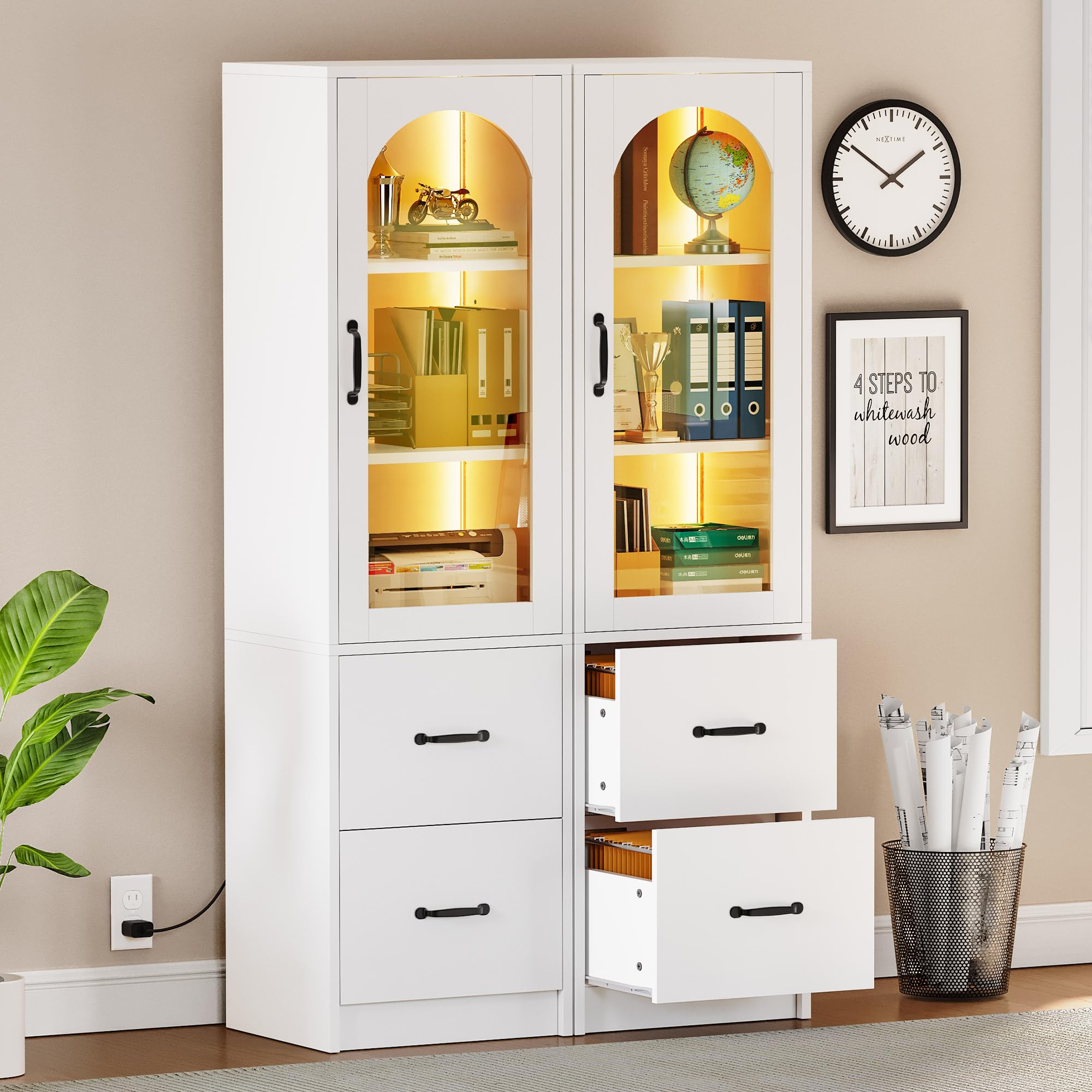 YITAHOME 2-Drawer File Cabinet with Bookshelf & Glass Doors - LED Light, Printer Stand & Storage Shelf - Wood Home Office Cabinet Fits Letter, Legal & A4 Size (White) - Perfect for Organizing Documents & Office Supplies in Small Spaces