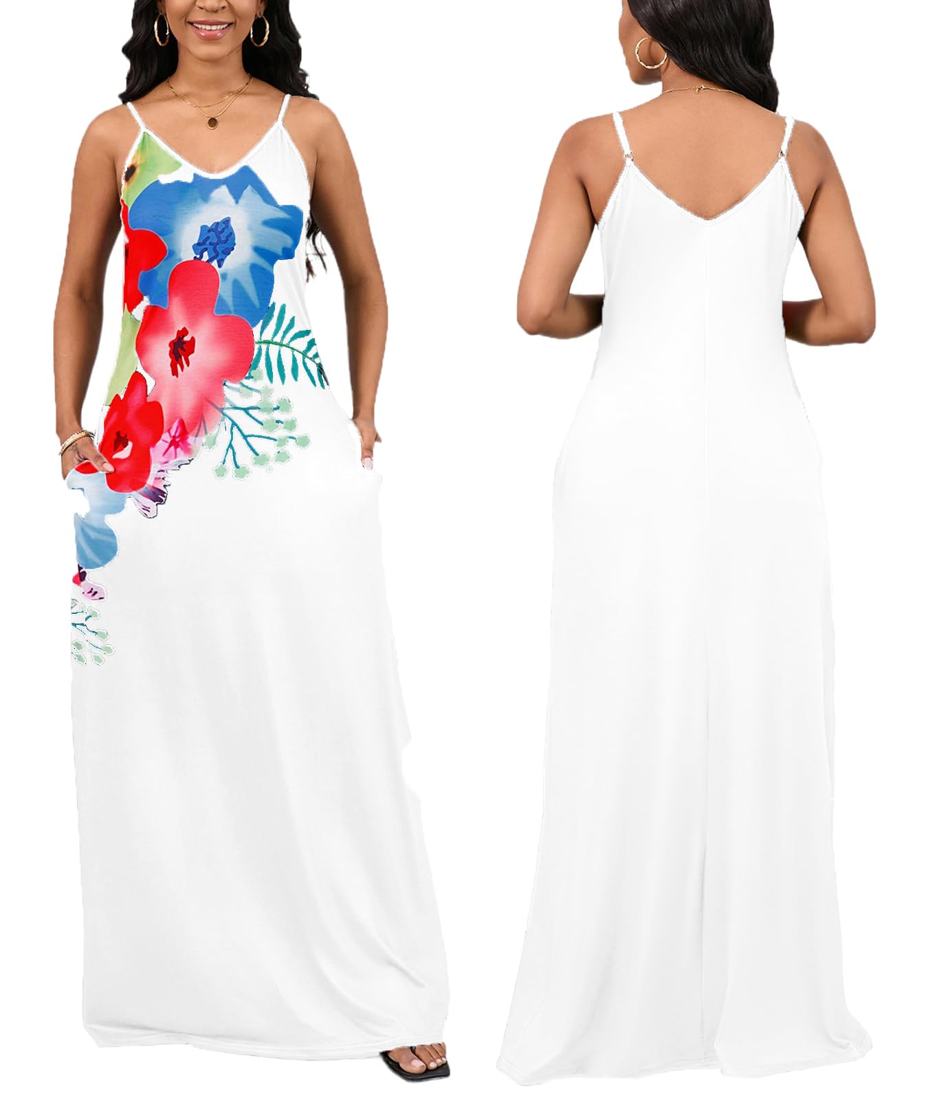 2025 Plus Size Maxi Dress for Women - Floral Sleeveless Summer Casual Long Sundress with Pockets | Sexy Vacation Dress for Beach, Party & Date Nights