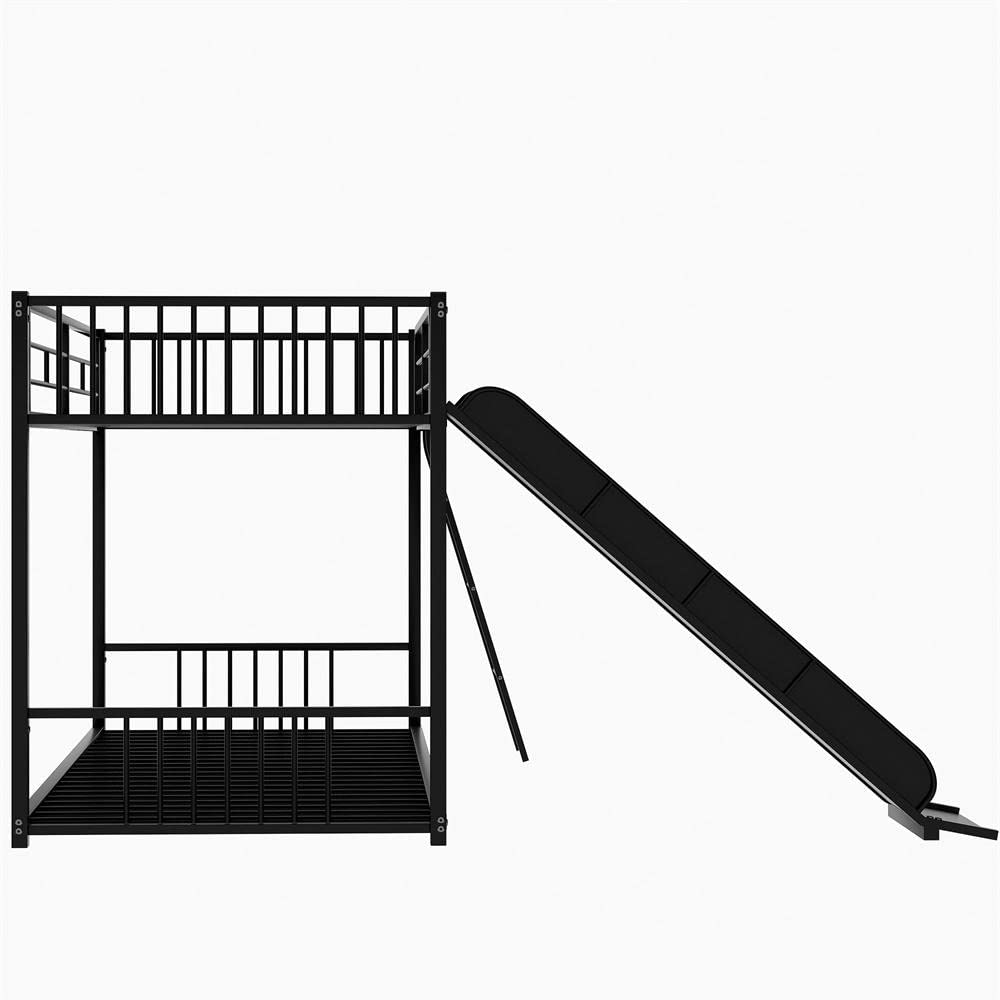 Metal Twin Over Twin Bunk Bed with Slide - Low Profile Bunk Bed Frame with Safety Guardrail & Inclined Ladder - Space-Saving Kids Bunk Bed with Headboard & Footboard for Boys & Girls - No Box Spring Needed (Black) - Perfect for Small Bedrooms, Shared Kids' Rooms & Vacation Homes