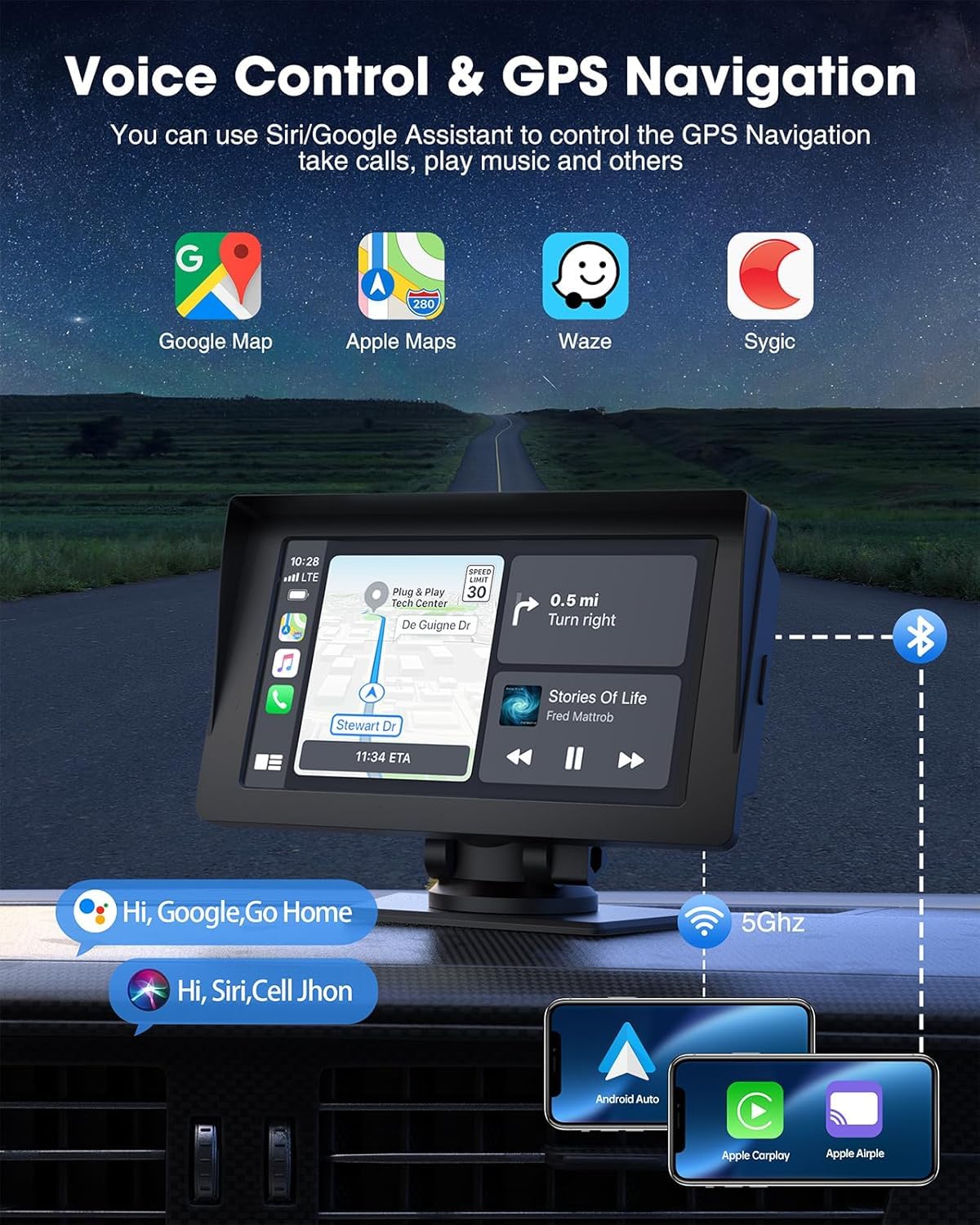 LAMTTO 7 Inch HD Touch Screen Portable CarPlay & Android Auto Car Stereo with Bluetooth 5.0, AirPlay & GPS Navigation - Perfect for Hands-Free Calling, Music Streaming & Safe Driving