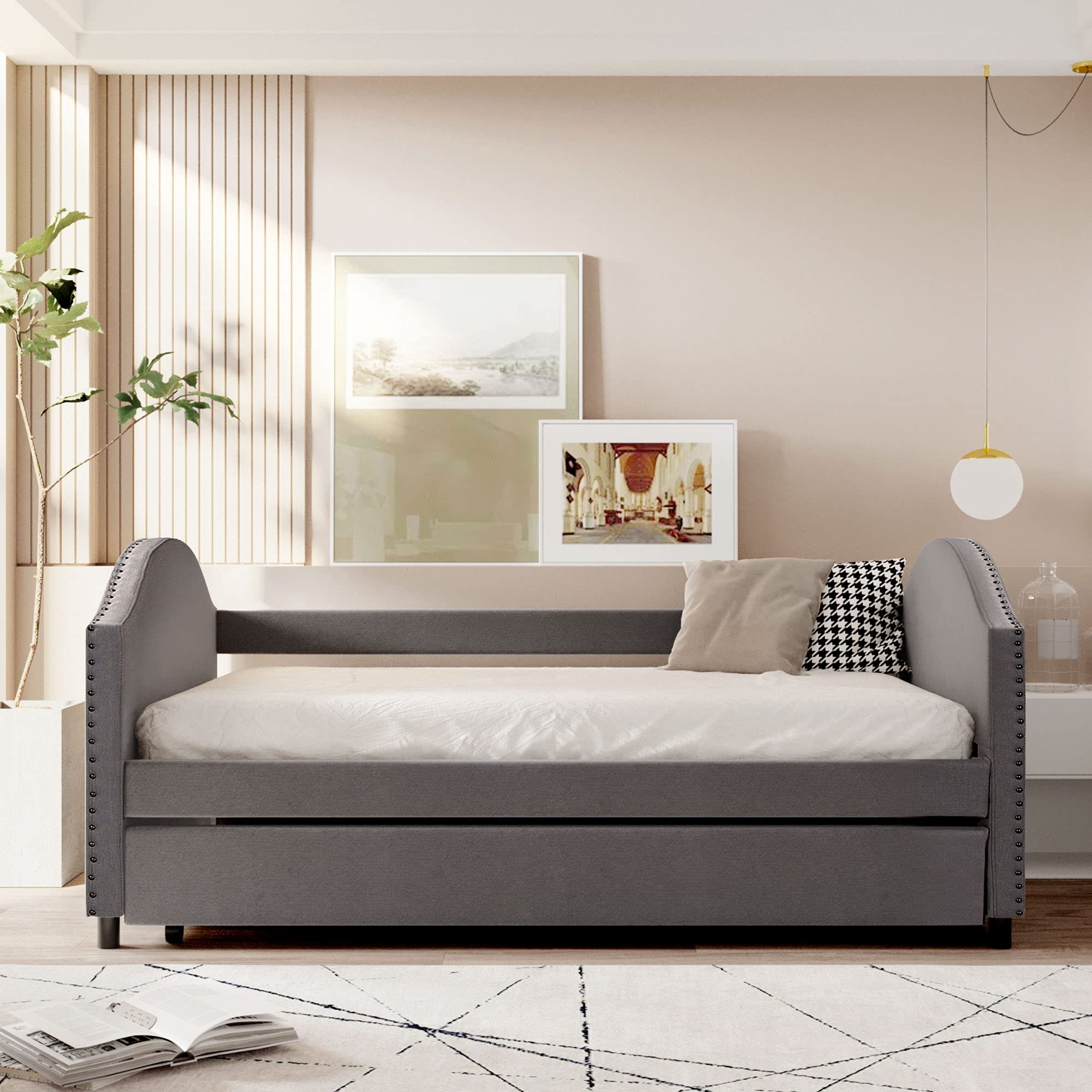 Full Size Upholstered Sofa Bed with Wood Frame & Trundle - 10-Slat Support System in Gray | Perfect for Guest Rooms, Small Apartments & Multi-Functional Living Spaces