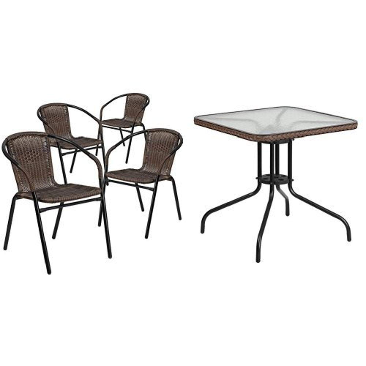 Flash Furniture 28'' Square Glass Metal Dining Table with Dark Brown Rattan Edging & 4 Stackable Rattan Chairs - Perfect for Patio, Garden, or Indoor Dining Room