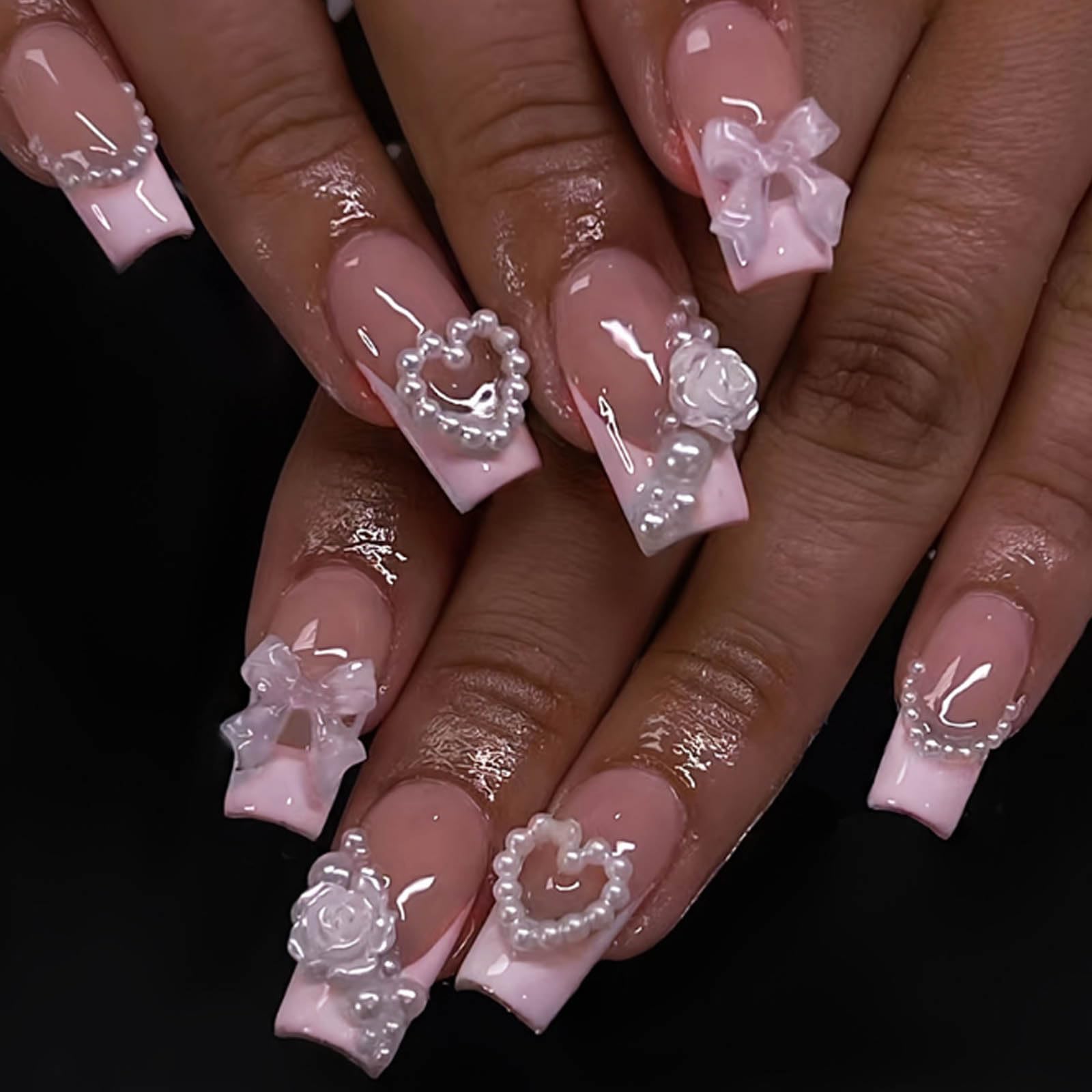 24PCS Pink Acrylic False Nails with Bow & French Flower Design - Medium Square Full Cover Fake Nails for Women & Girls | Perfect for Parties, Weddings & Special Occasions