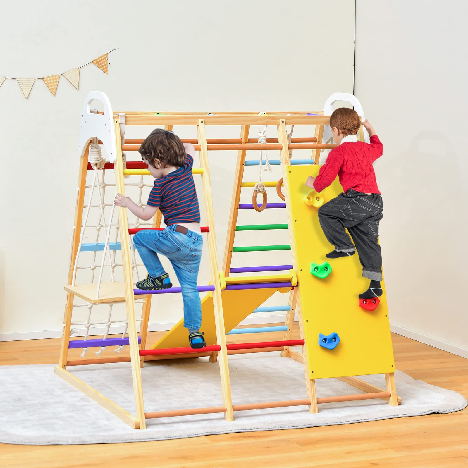 Costzon 8-in-1 Montessori Indoor Jungle Gym for Toddlers - Wooden Climbing Toys with Slide, Rock Wall, Net & Monkey Bars - Safe Playground Climber Set for Kids Ages 3-6 | Perfect for Home Playrooms, Daycares & Birthday Gifts