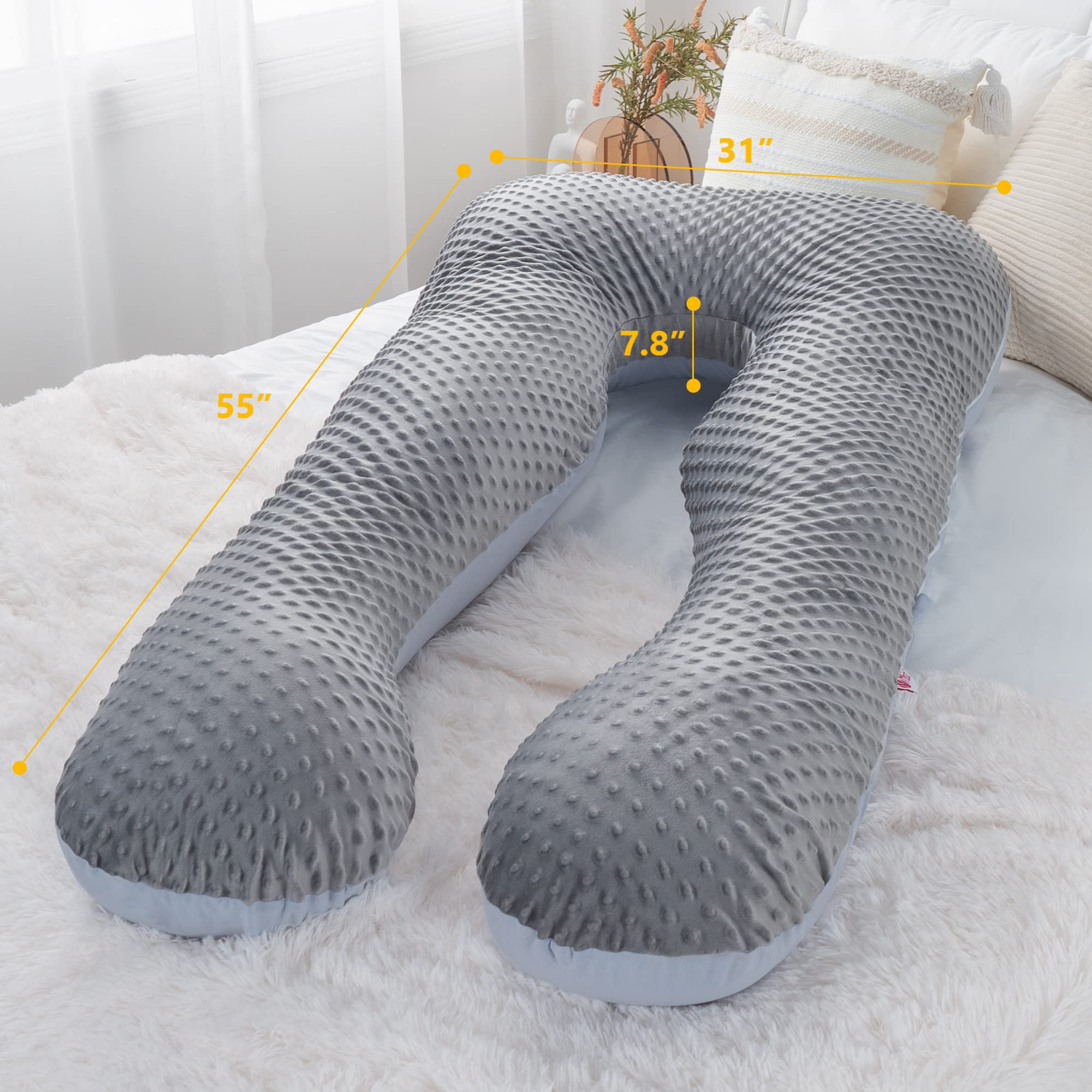 Meiz Pregnancy Pillow for Sleeping - Maternity Body Pillow with Cooling Jersey & Velvet Cover (Grey & Blue) - Support for Back, Hips & Belly - Perfect for Pregnant Women & Side Sleepers