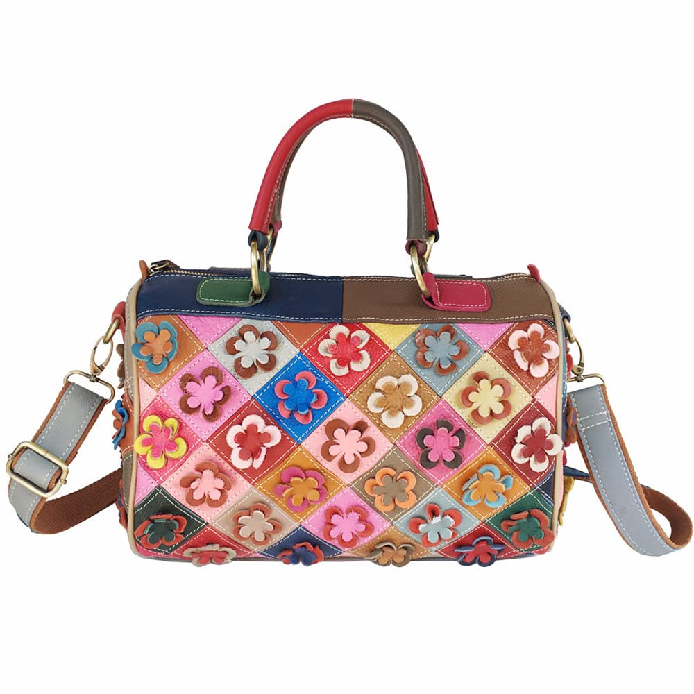 Genuine Leather Boston Bags for Women - 3D Floral Top Handle Handbag, Satchel Shoulder Crossbody Tote Purse | Work, Travel & Everyday Use