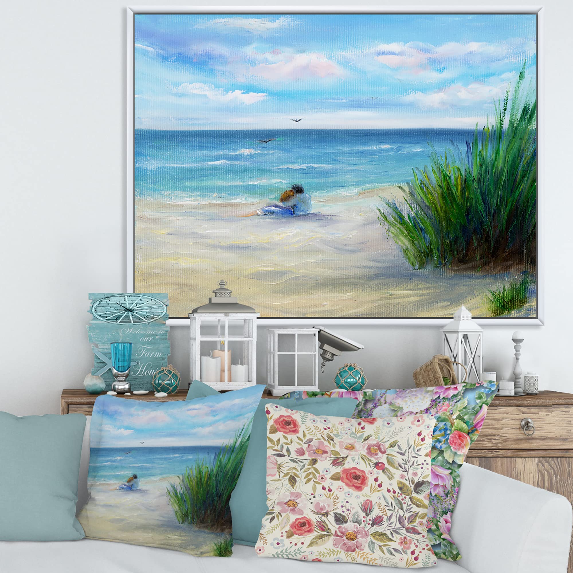 DesignQ Romantic Couple Beach Sunset Framed Canvas Wall Art - Coastal Nautical Decor for Living Room, Bedroom & Office