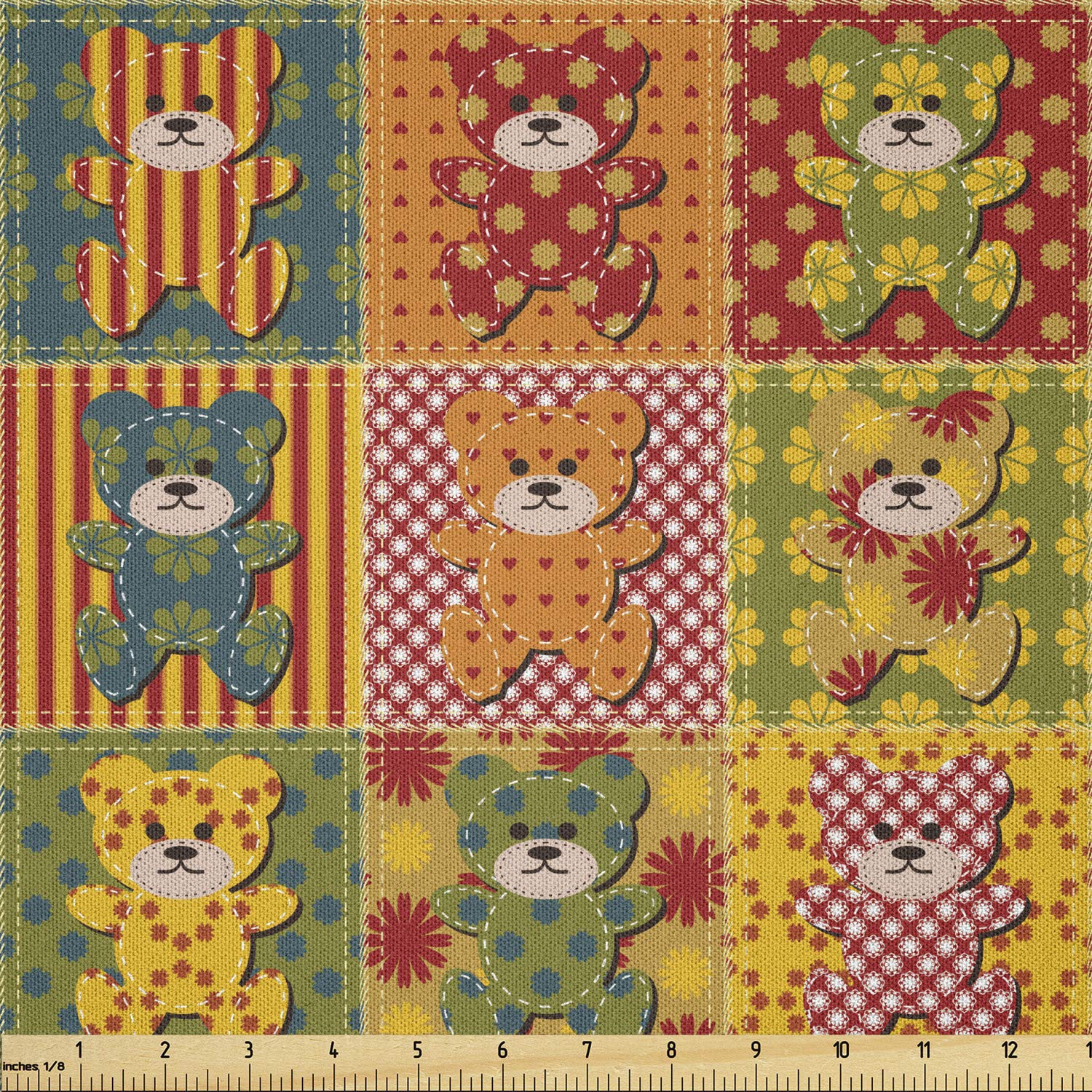 Lunarable Cabin Fabric by The Yard - Colorful Patchwork Teddy Bear Print Microfiber Fabric for DIY Crafts, Home Decor & Upholstery (10 Yards, Red/Green) - Perfect for Sewing Projects, Quilting & Creative Textile Arts
