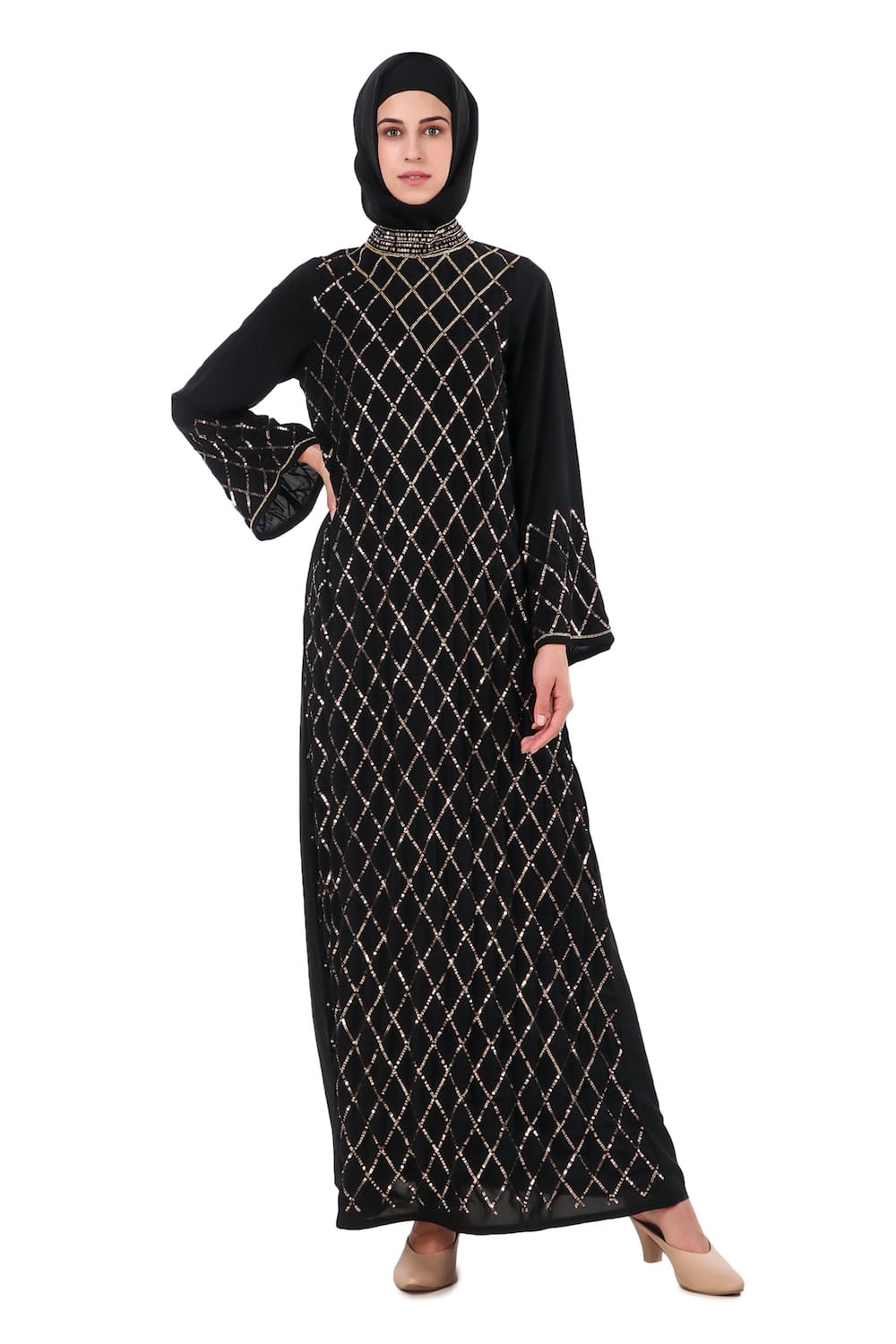 Elegant Eid Abaya Dress - Hand Embroidered with Beads & Sequins for Women - Perfect for Eid Celebrations, Weddings & Special Occasions