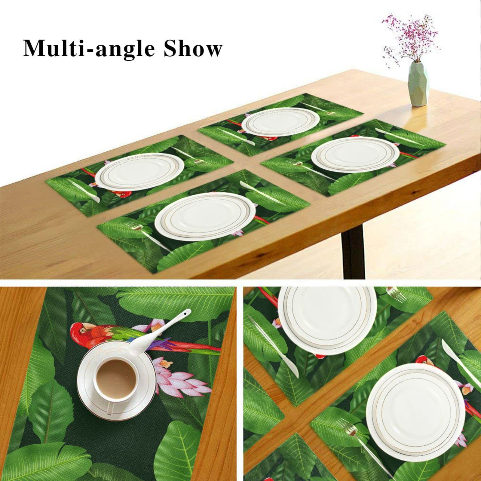 Tropical Palm Leaf Parrot Placemats Set of 4 - Washable & Heat Resistant 12x18 Inch Kitchen Table Mats for Dining Decor | Perfect for Summer Parties, Outdoor Picnics & Boho Home Decor