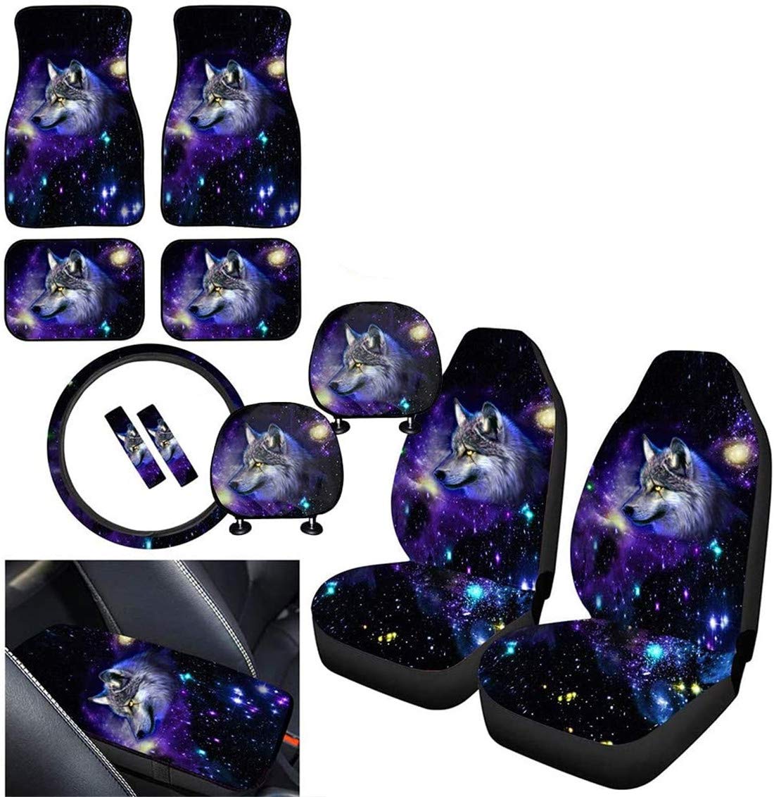 Dreaweet Universal 12-Piece Car Accessories Set - Galaxy Wolf Print Seat Covers, Steering Wheel Cover, Seat Belt Covers & More - Fits All Vehicles - Perfect for Customizing & Protecting Your Car Interior